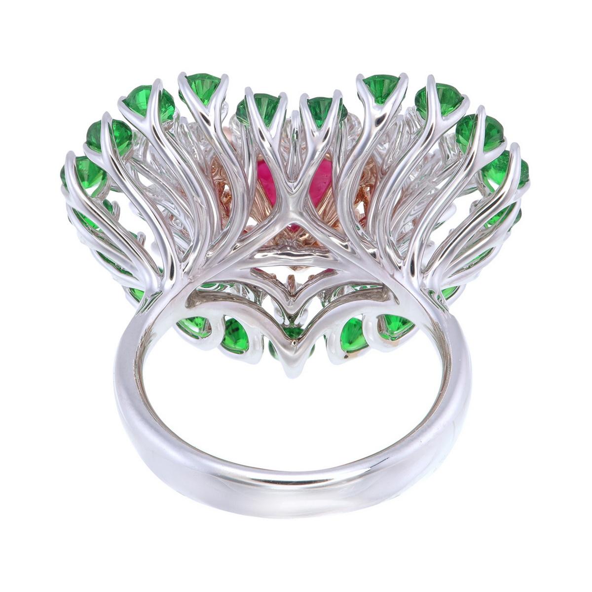 Heart Cut GRS Certified 2.00 Carat Burmese Ruby, Tsavorite & Diamond Cocktail Ring For Sale