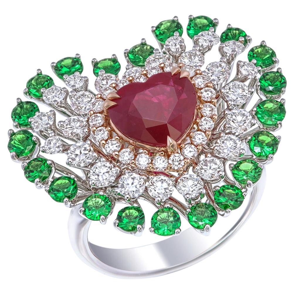 GRS Certified 2.00 Carat Burmese Ruby, Tsavorite & Diamond Cocktail Ring For Sale
