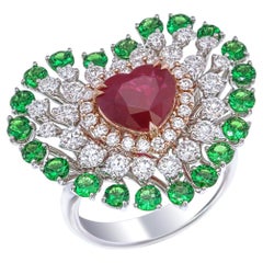 GRS Certified 2.00 Carat Burmese Ruby, Tsavorite & Diamond Cocktail Ring