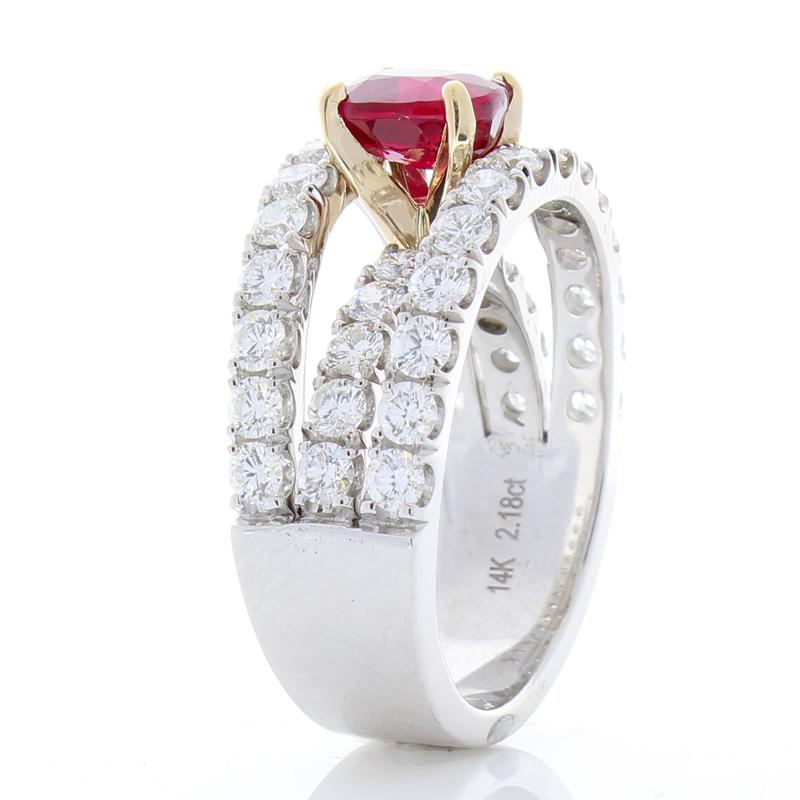 Contemporary GRS Certified 2.01 Carat Cushion Vivid Red Ruby and Diamond Cocktail Gold Ring