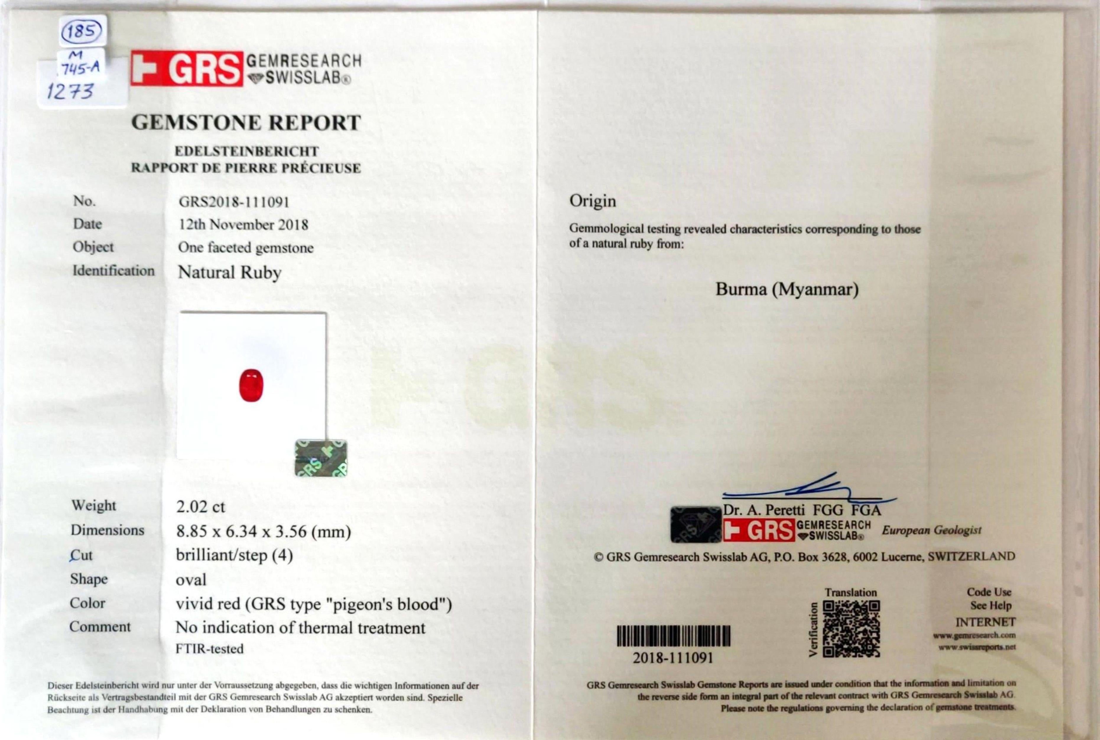 GRS Certified 2.02 Carat Burma Ruby Pigeon Blood Diamond 18 Karat Gold Ring 2