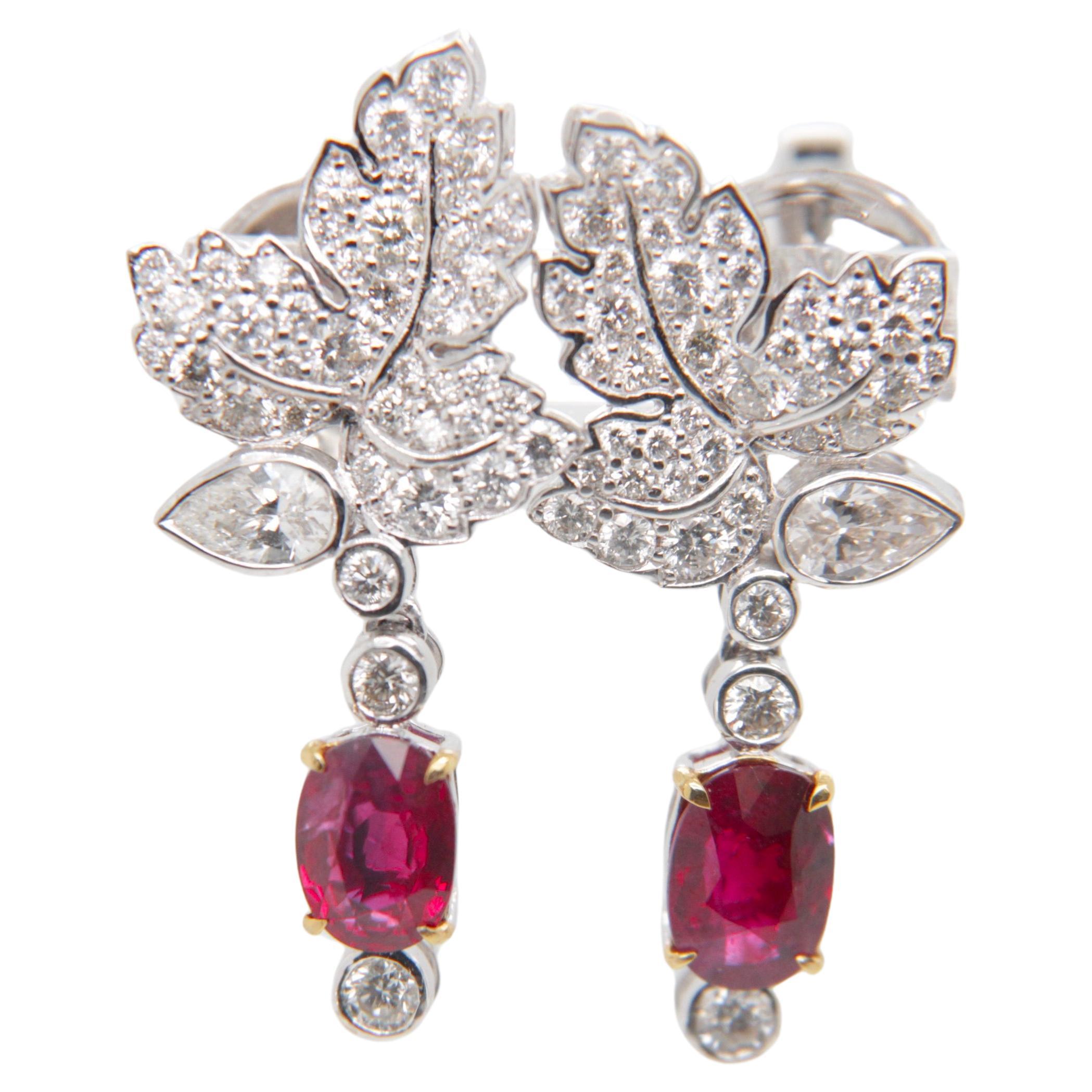 GRS Certified 2.02 Carat Pigeon Blood Burmese No Heat Ruby and Diamond Earring 