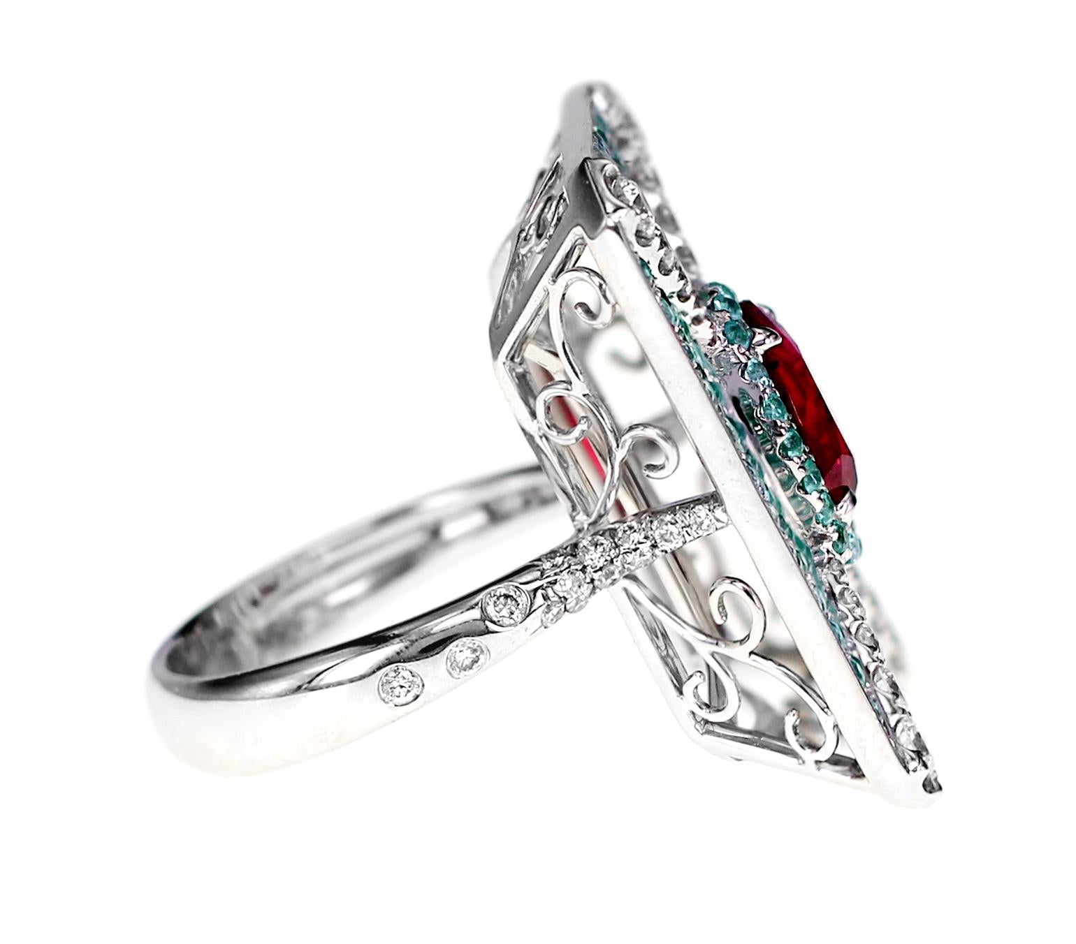 Art Nouveau GRS Certified 2.02 Carat Pigeon Blood Color Ruby&Brazilian Paraiba Designer Ring