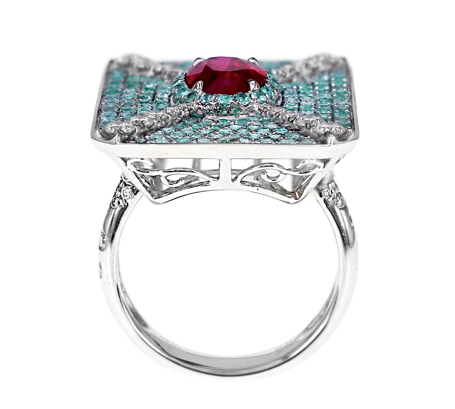 GRS Certified 2.02 Carat Pigeon Blood Color Ruby&Brazilian Paraiba Designer Ring In New Condition In Hung Hom, HK