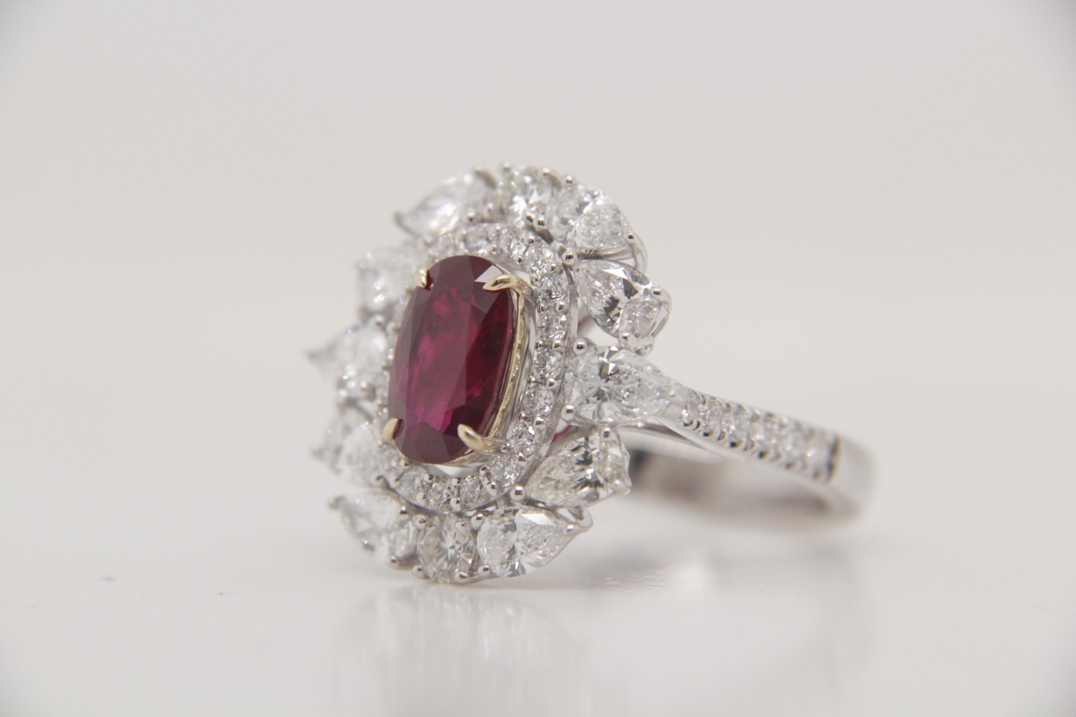Cushion Cut GRS Certified 2.04 Carat Burmese Ruby No Heat Pigeon Blood Ring in 18k Gold For Sale