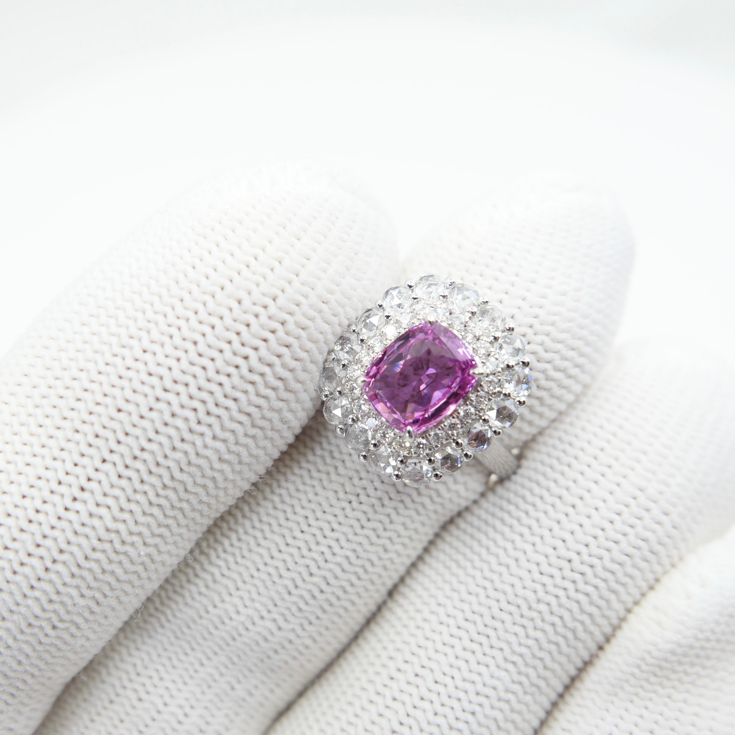 GRS Certified 2.04 Cts Natural Vivid Pink No Heat Sapphire Rose Cut Diamond Ring en venta 7