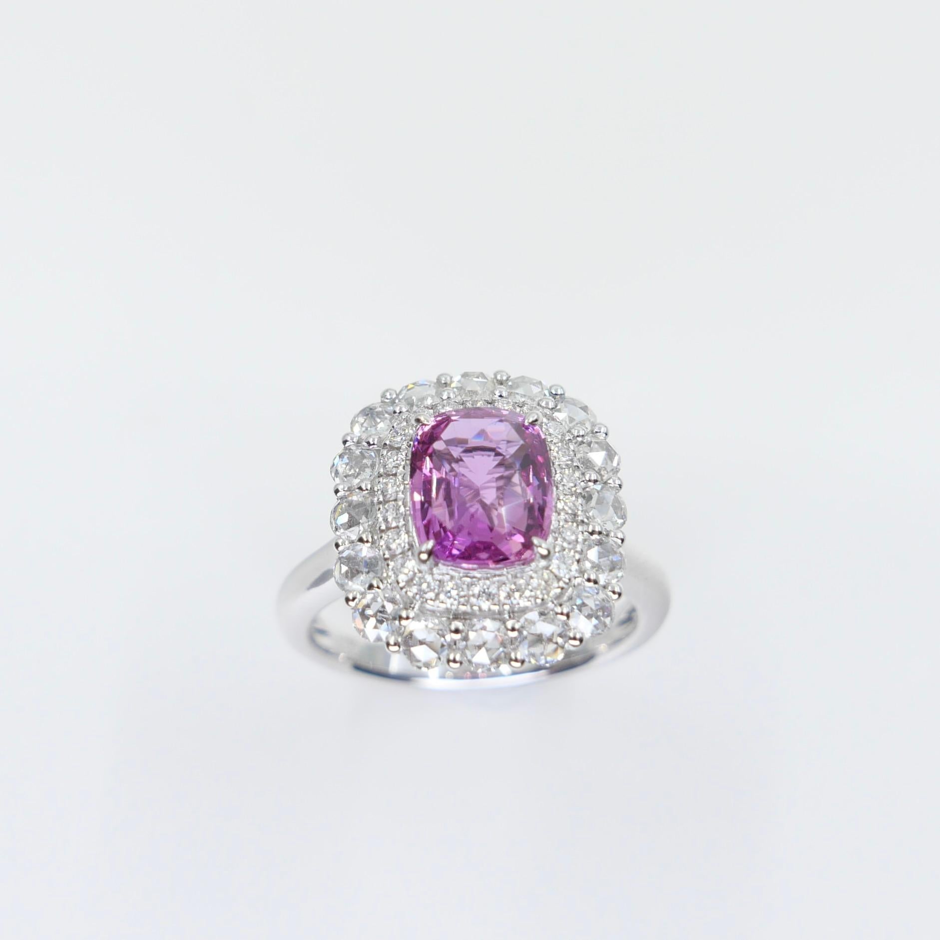 GRS Certified 2.04 Cts Natural Vivid Pink No Heat Sapphire Rose Cut Diamond Ring en venta 8