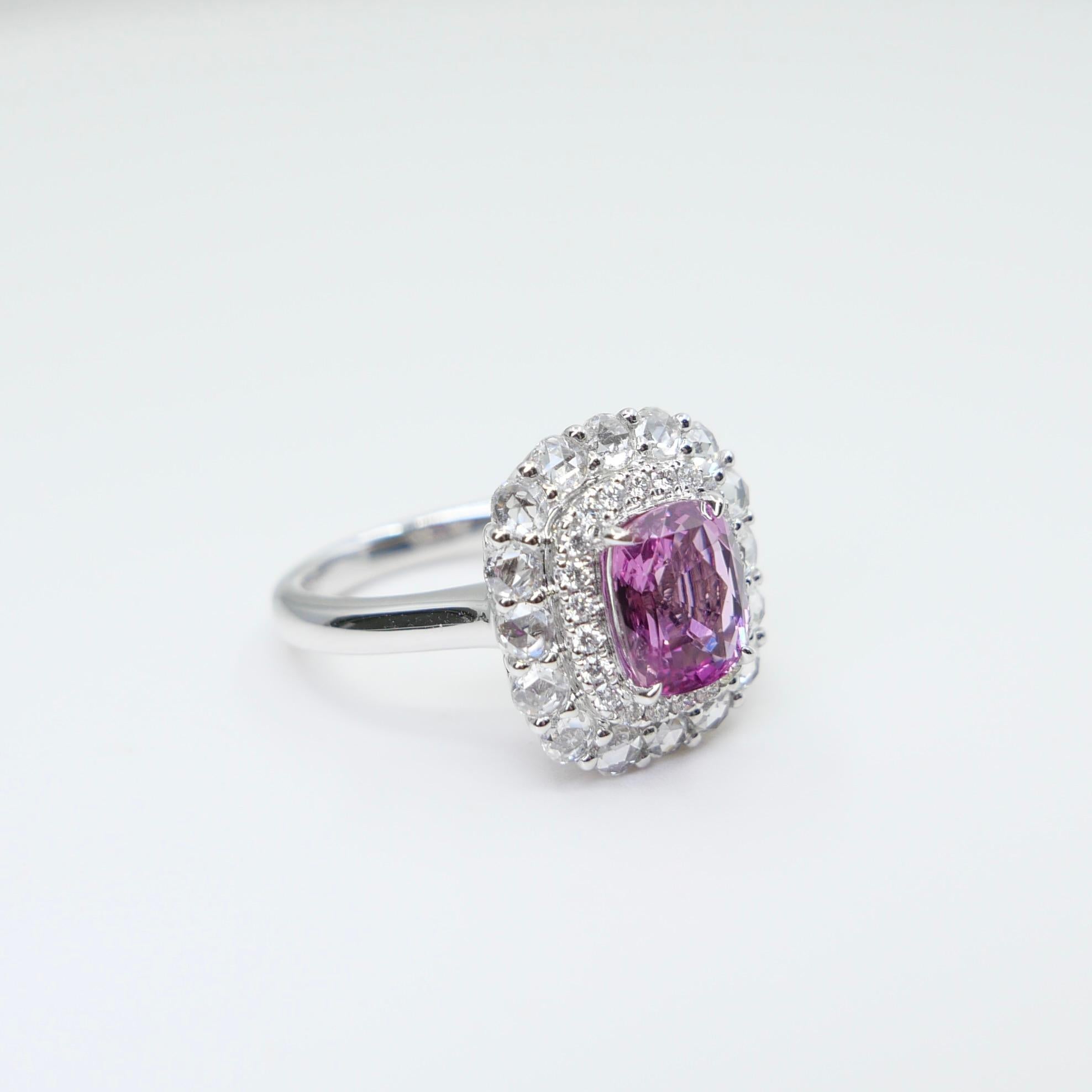 GRS Certified 2.04 Cts Natural Vivid Pink No Heat Sapphire Rose Cut Diamond Ring en venta 11