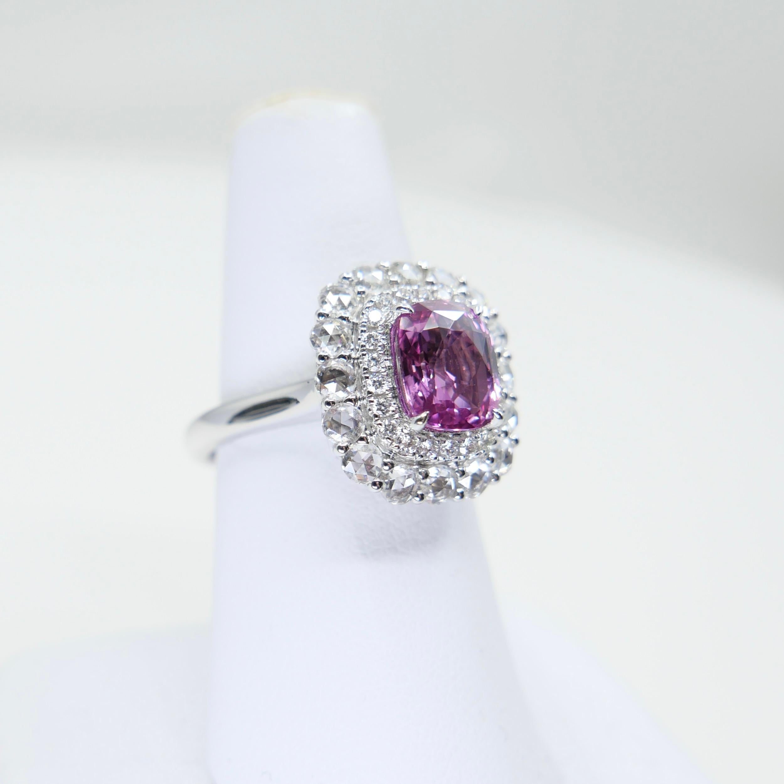 GRS Certified 2.04 Cts Natural Vivid Pink No Heat Sapphire Rose Cut Diamond Ring en venta 12
