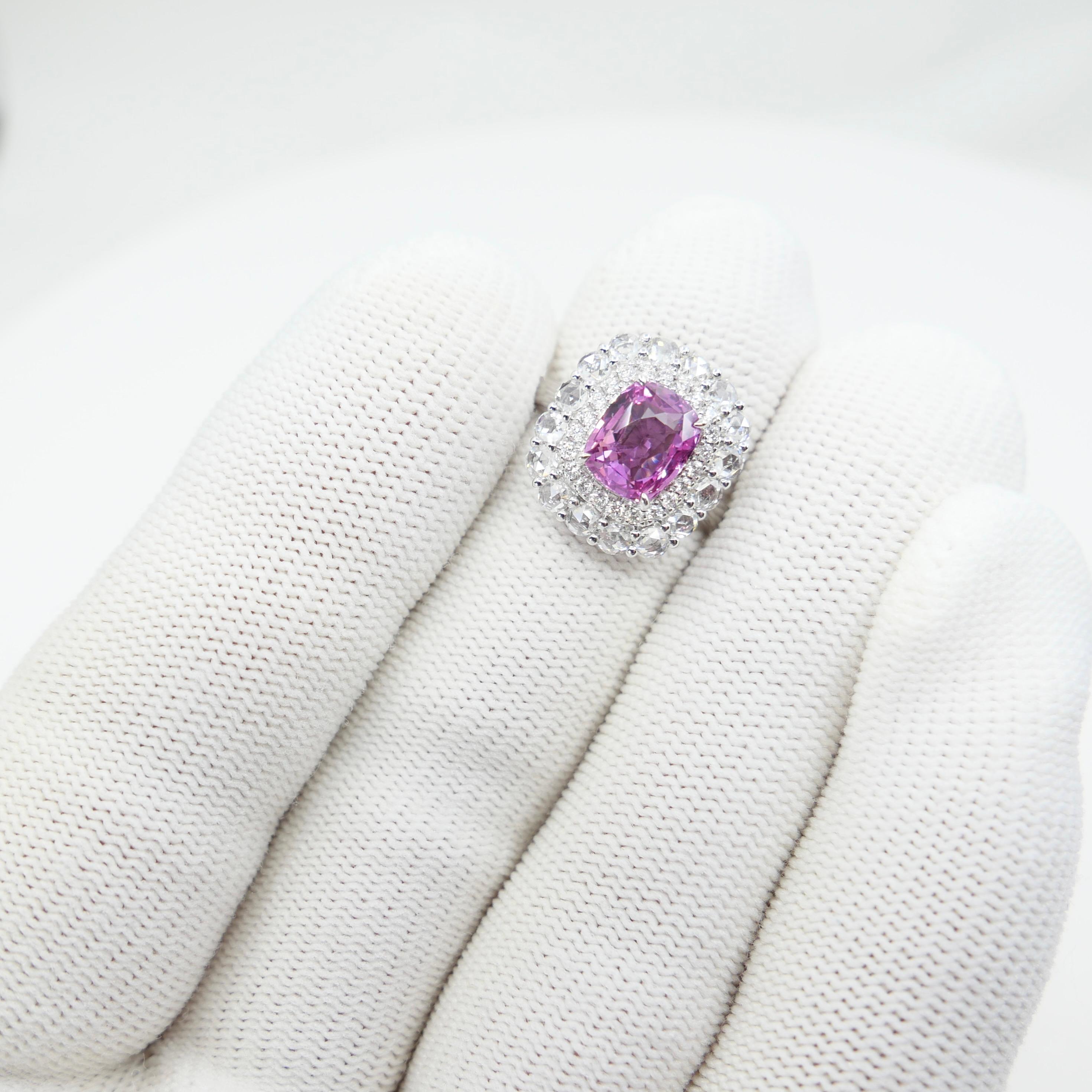 GRS Certified 2.04 Cts Natural Vivid Pink No Heat Sapphire Rose Cut Diamond Ring Corte cojín en venta