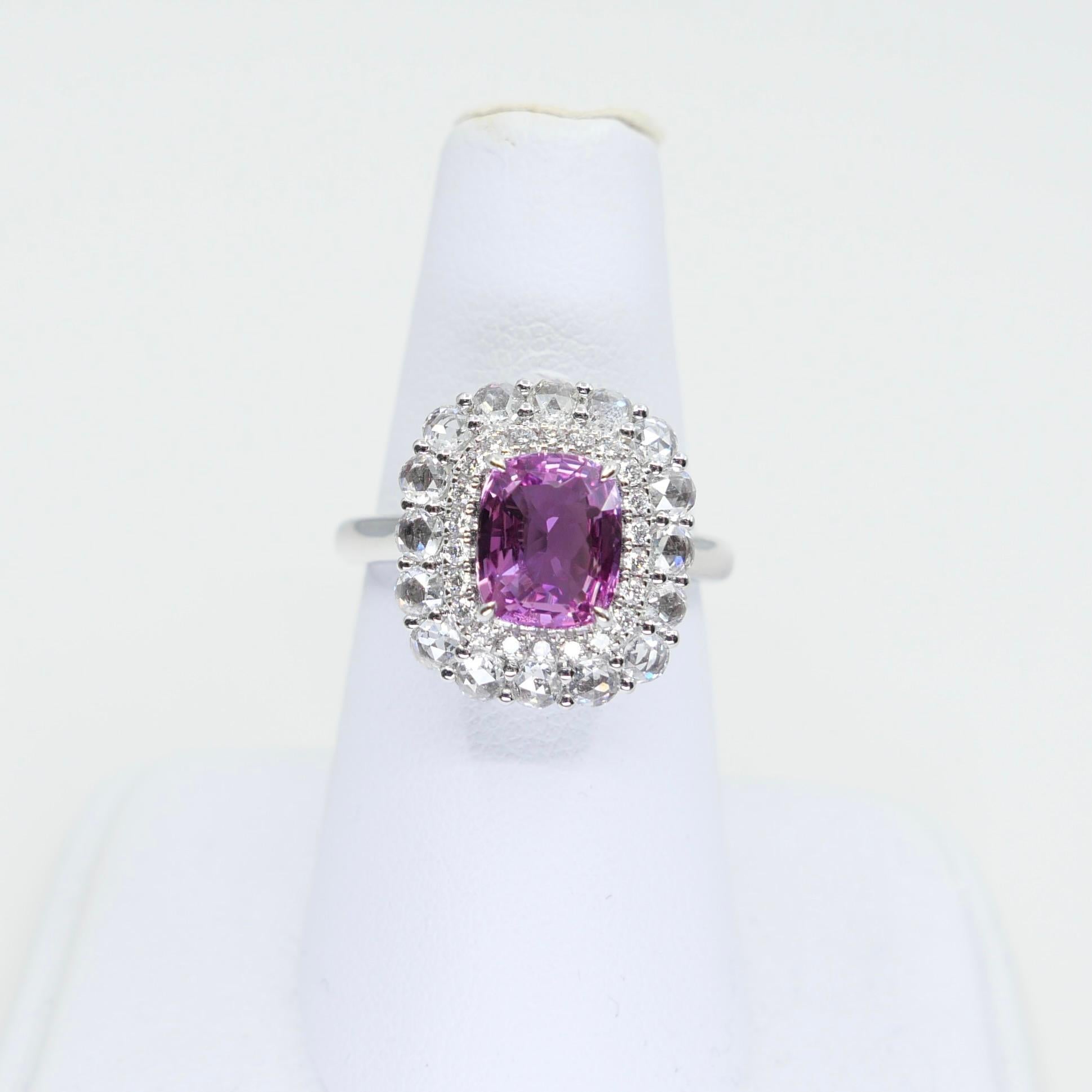 GRS Certified 2.04 Cts Natural Vivid Pink No Heat Sapphire Rose Cut Diamond Ring en Nuevo estado para la venta en Hong Kong, HK