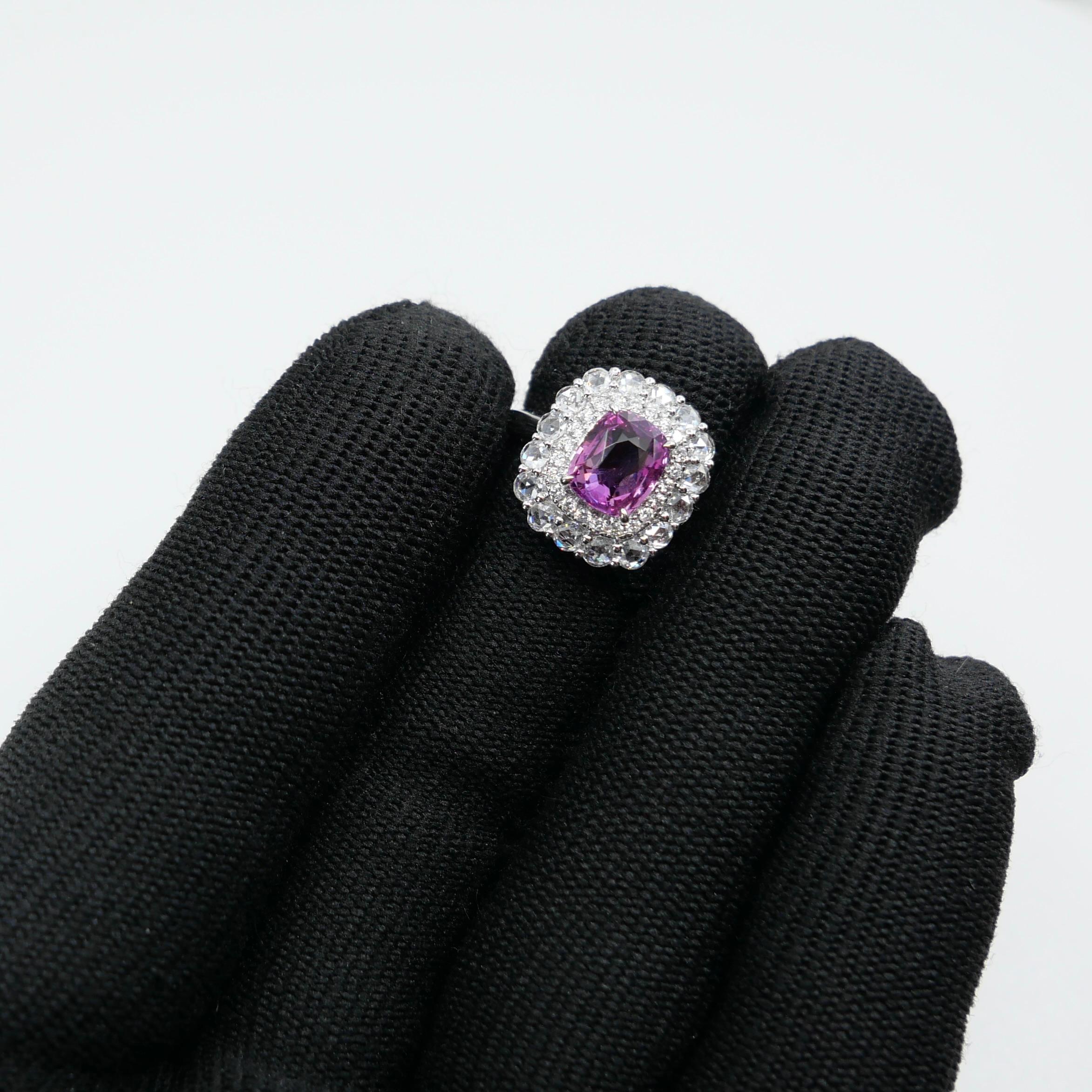 GRS Certified 2.04 Cts Natural Vivid Pink No Heat Sapphire Rose Cut Diamond Ring en venta 1