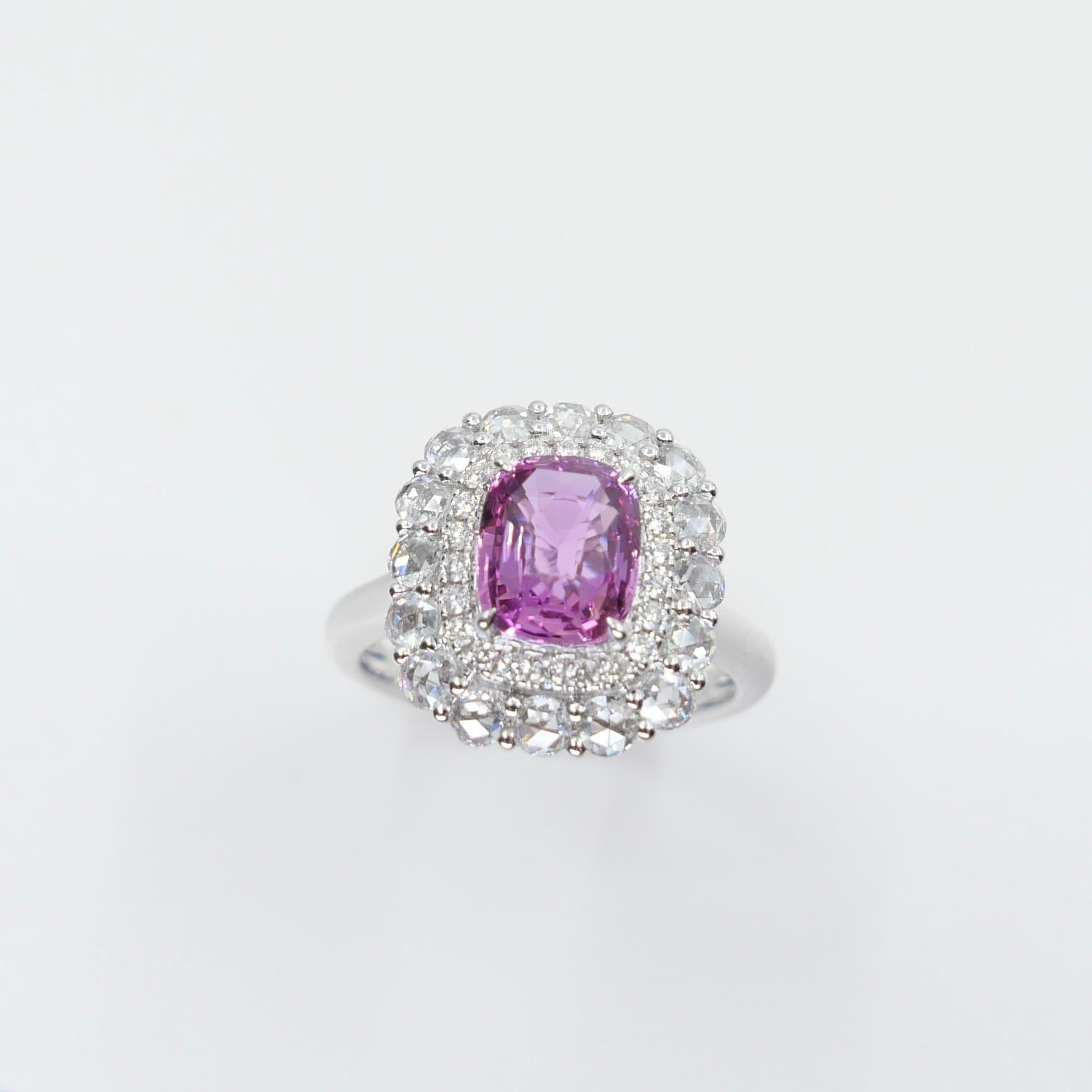 GRS Certified 2.04 Cts Natural Vivid Pink No Heat Sapphire Rose Cut Diamond Ring en venta 3