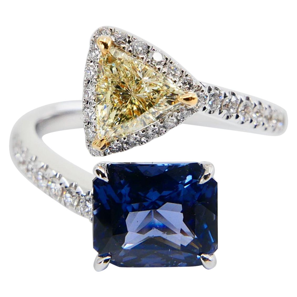 Radiant Cut GRS Certified 2.05 Carat Spinel No Heat & Trillion Yellow Diamond Cocktail Ring