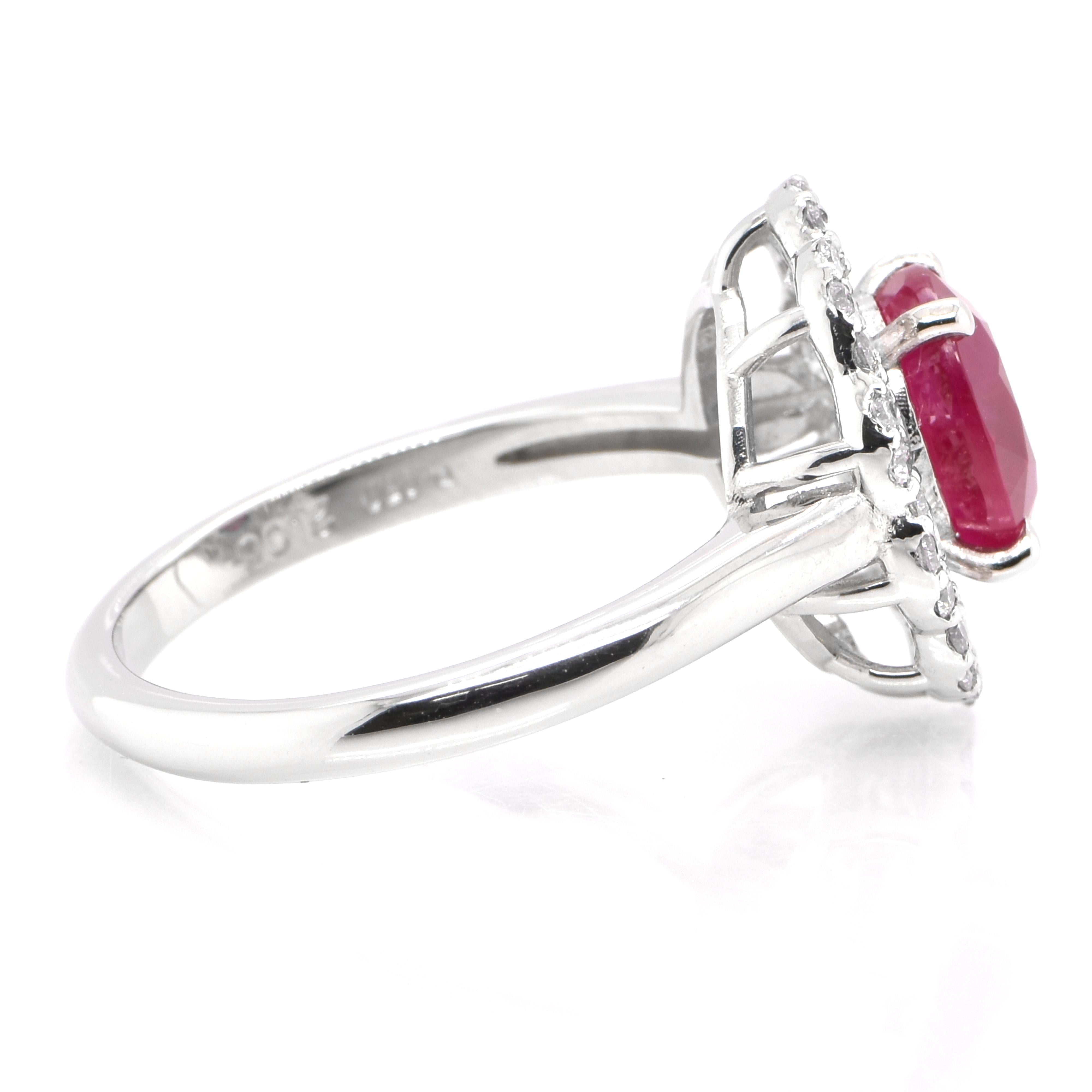 Modern GRS Certified 2.06 Carat Burmese Ruby and Diamond Halo Ring Set in Platinum For Sale