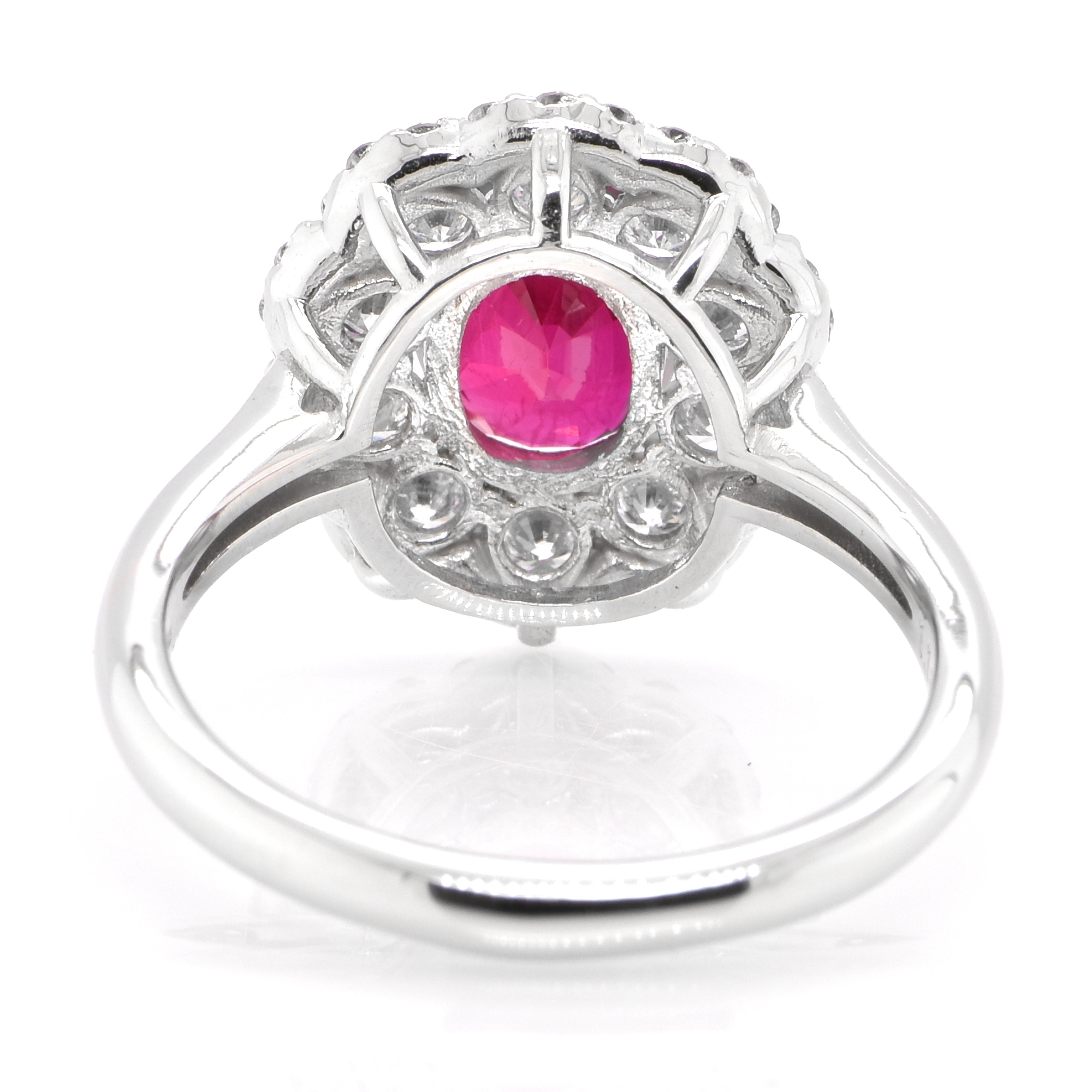 Oval Cut GRS Certified 2.06 Carat Burmese Ruby and Diamond Halo Ring Set in Platinum For Sale
