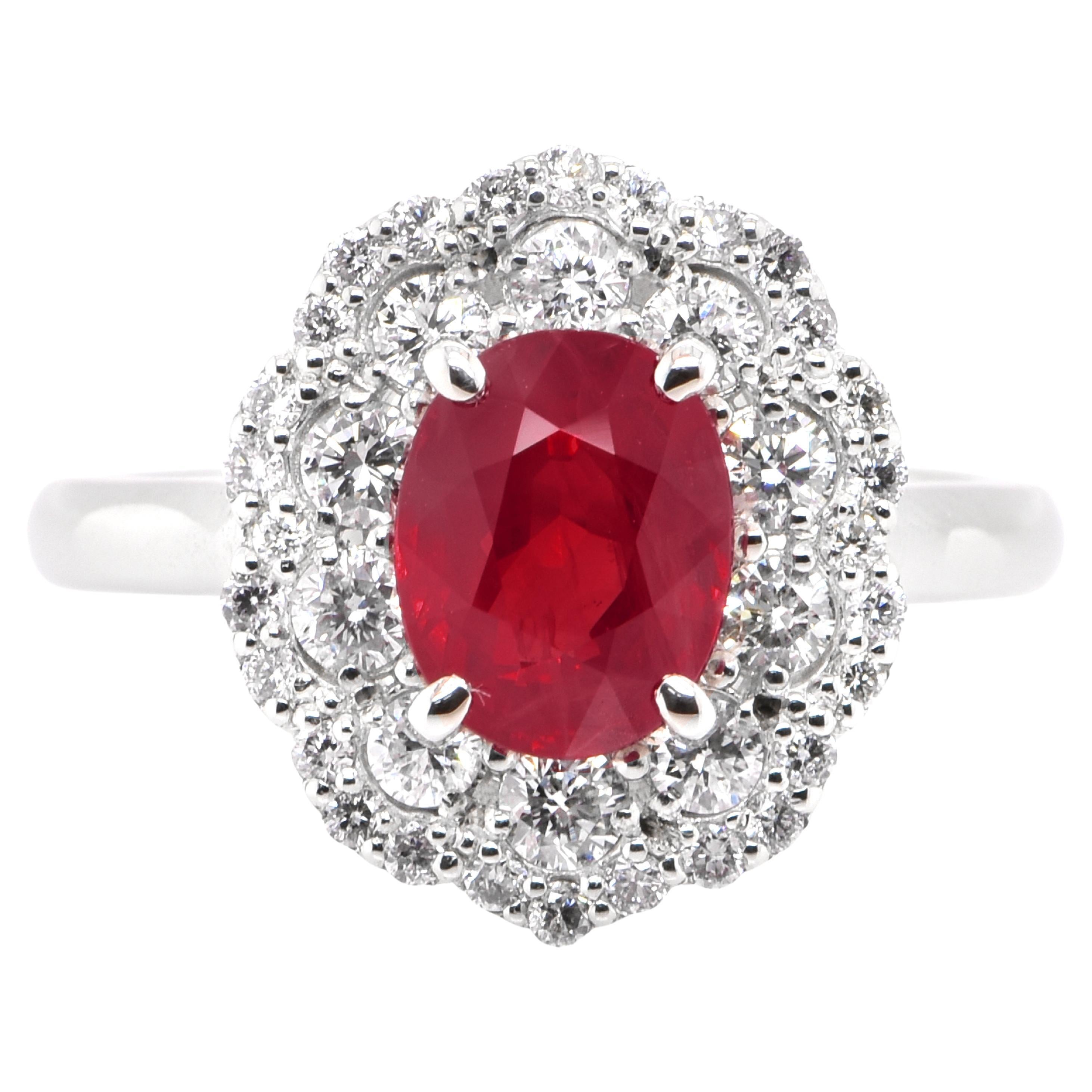 GRS Certified 2.06 Carat Burmese Ruby and Diamond Halo Ring Set in Platinum For Sale