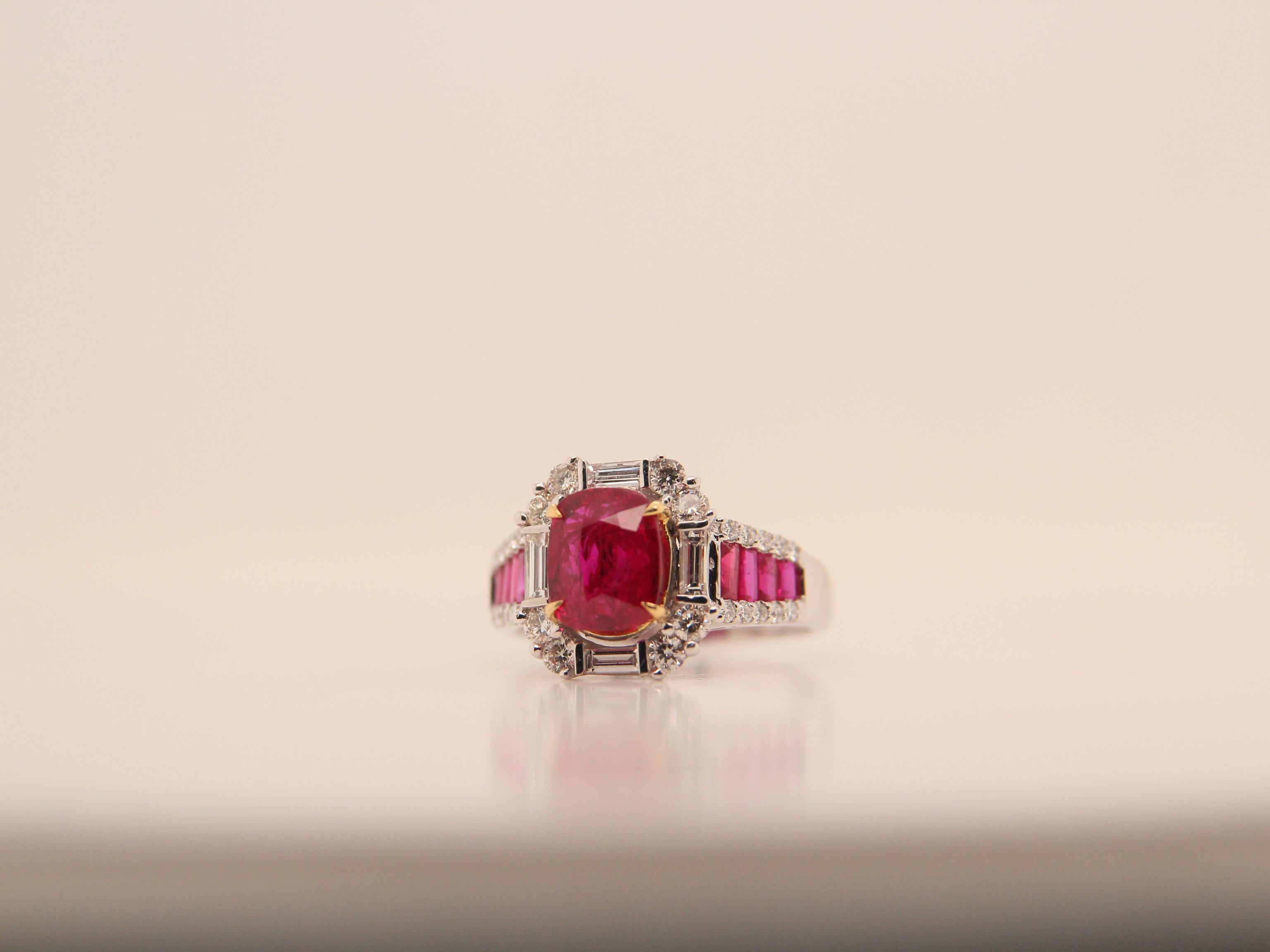 A brand new ruby ring by REWA. The ring's center stone is 2.06 carat Burmese ruby certified by Gem Research Swisslab (GRS) as natural, unheated, 'Pigeon blood'. The stone was unearthed from Mogok, Burma - one of the oldest ruby mines in the world.