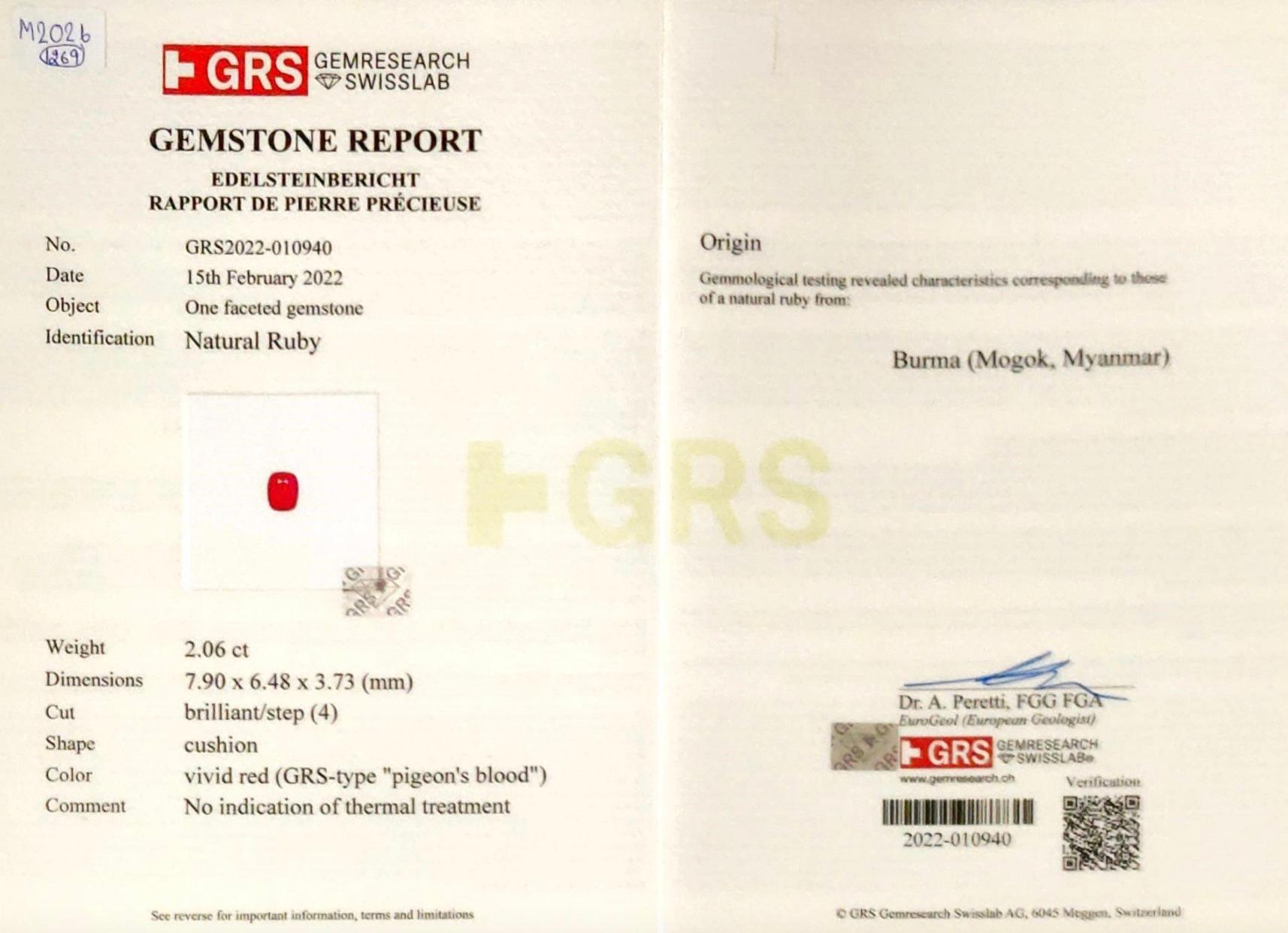 Women's or Men's GRS Certified 2.06 Carat Burmese Ruby No Heat Pigeon Blood Ring in 18 K Gold