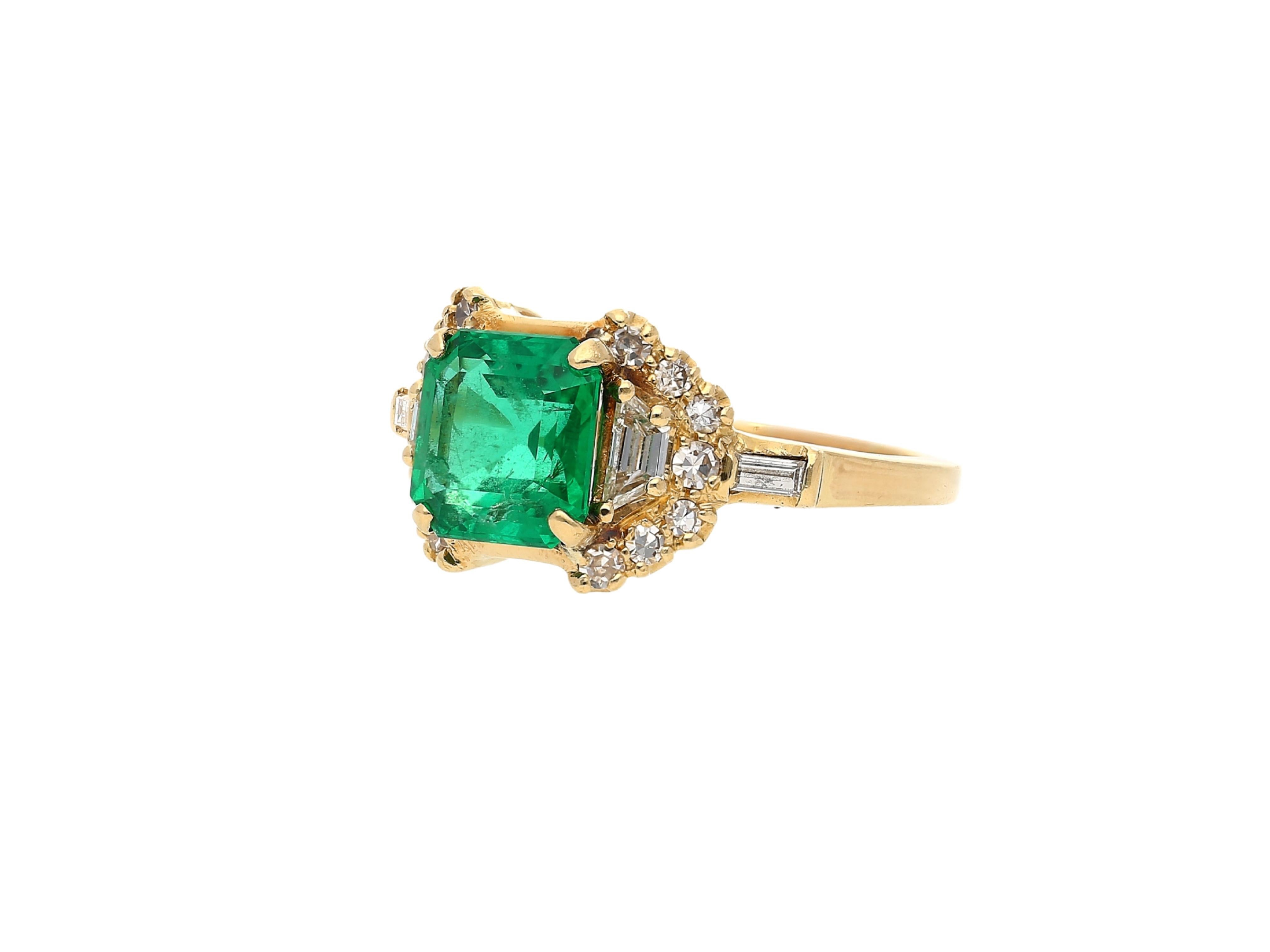 GRS certified natural Colombian Emerald mounted in a vintage art deco ring setting.

Ring Details: 
✔ Gold Karat: 18K 
✔ Ring Weight: 5.29 grams
✔ GRS certified 
✔ Circa 1990’s

Emerald Details: 
✔ Emerald Weight: 2.09 carats
✔ Emerald Origin: