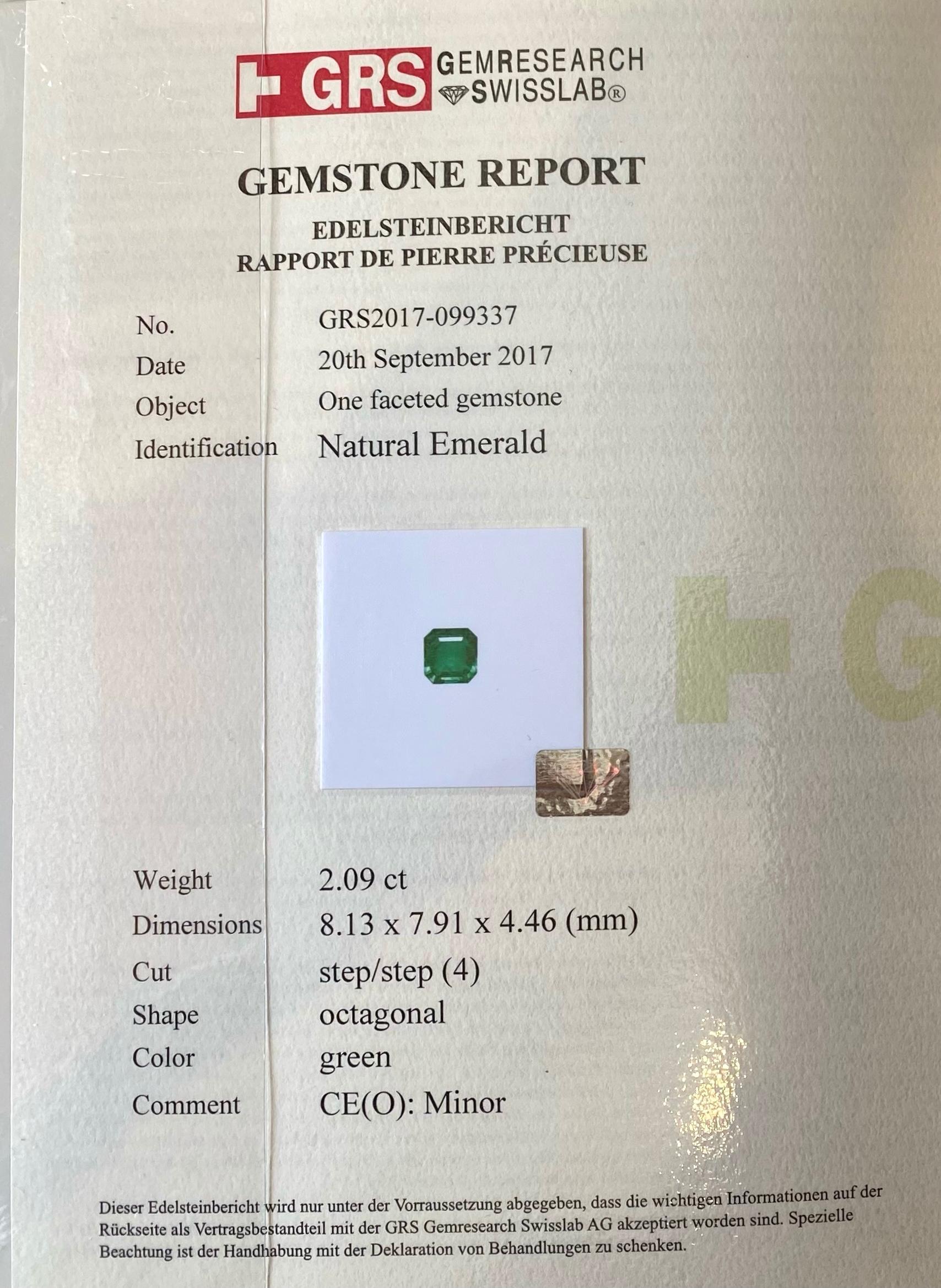 Emerald Cut GRS Certified, 2.09 Carat Natural Colombian Emerald Set in 18k Solid Gold Ring For Sale