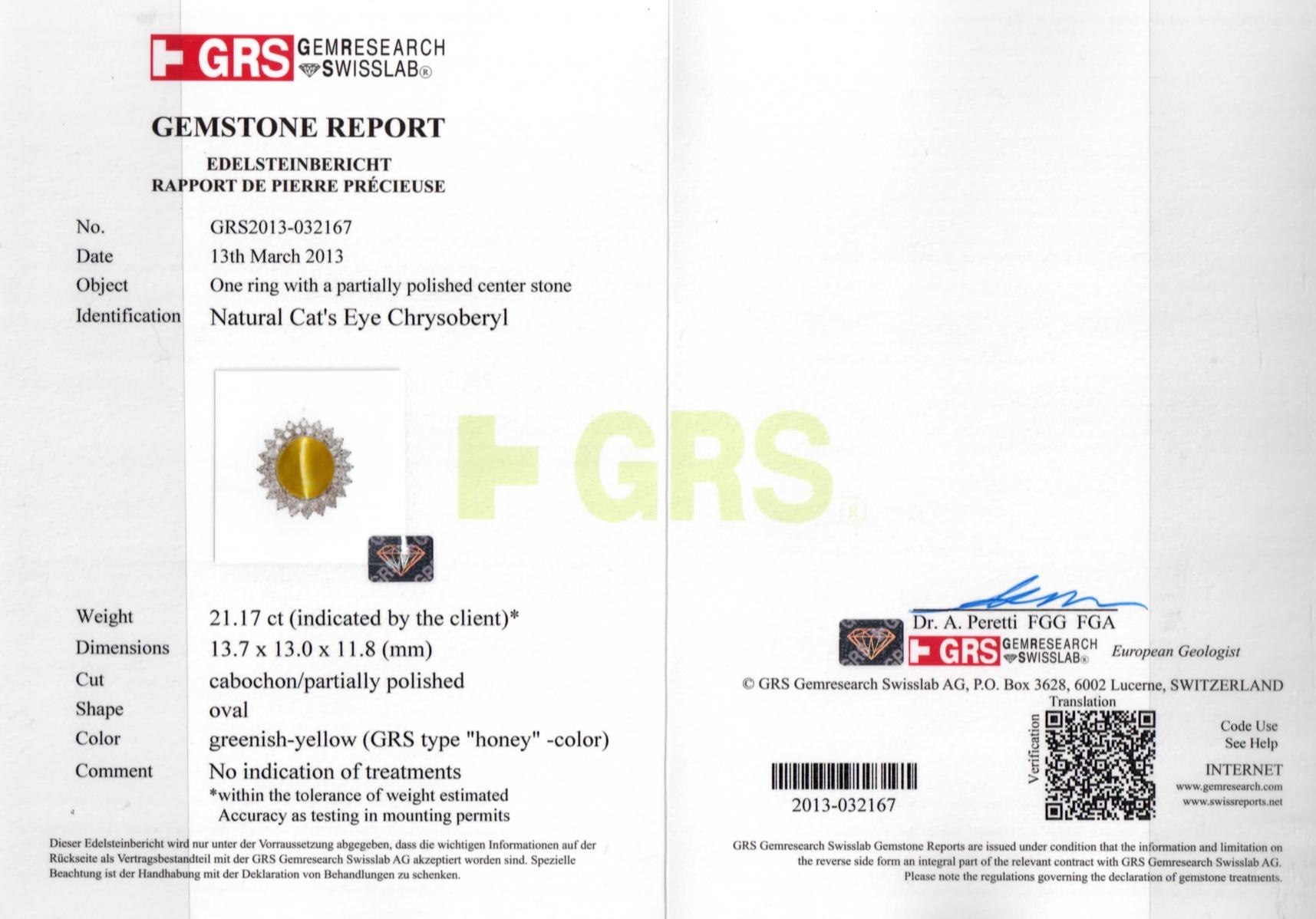GRS Certified 21 Carat Natural Cat's Eye Chrysoberyl Diamond Ring, Honey Color 10