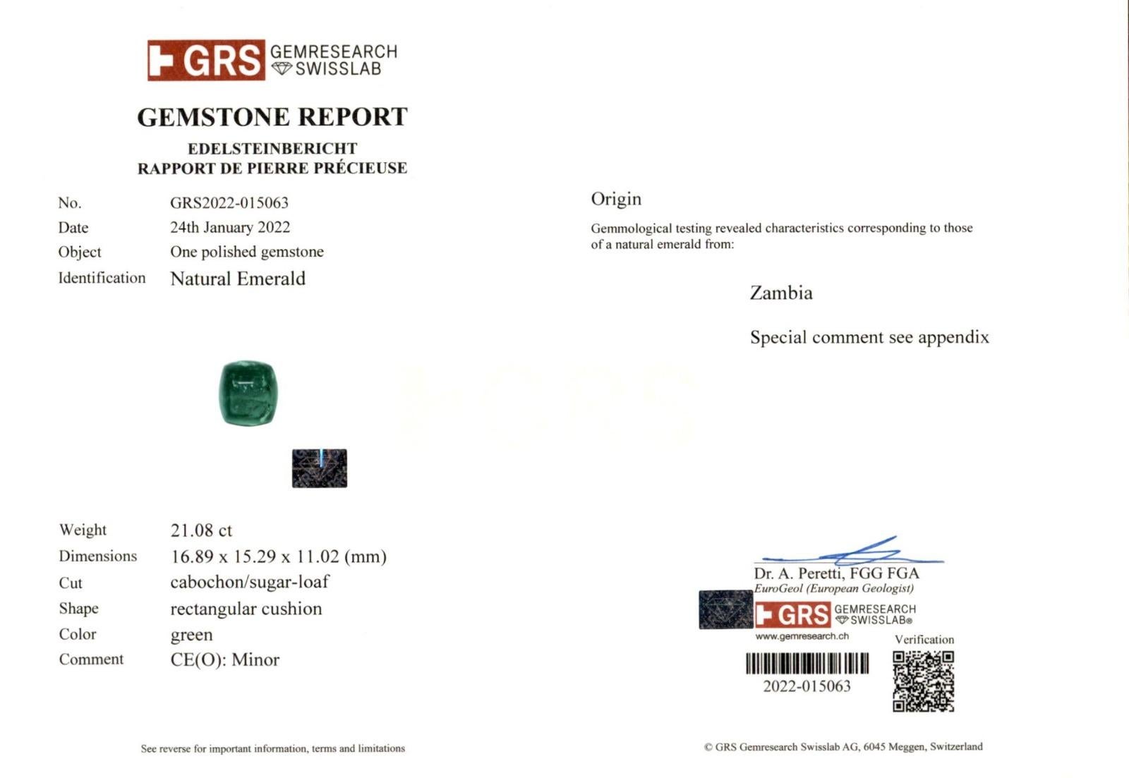 Women's or Men's GRS Certified 21 Carat Sugarloaf Minor Oil Emerald Ring For Sale