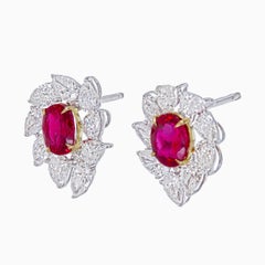 GRS Certified 2.10 Carat Pigeon Blood Burma No Heat Ruby Diamond Stud Earrings
