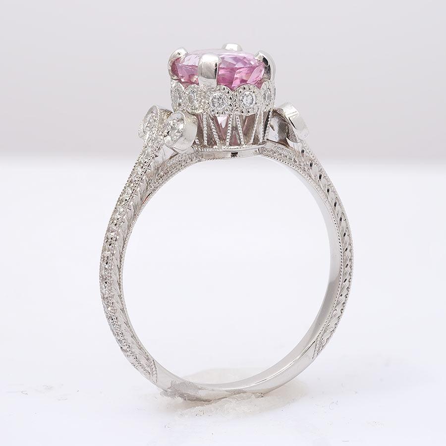 Art Deco GRS Certified 2.11 Carat Padparadscha Sapphire Diamond Platinum Engagement Ring For Sale