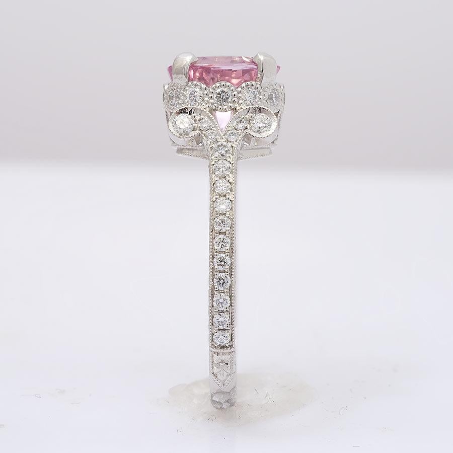 Brilliant Cut GRS Certified 2.11 Carat Padparadscha Sapphire Diamond Platinum Engagement Ring For Sale