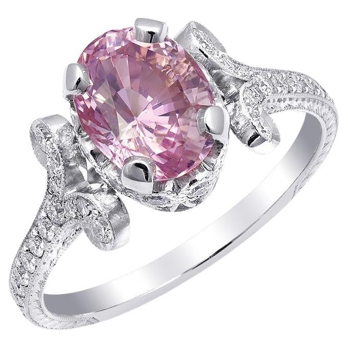 GRS Certified 2.11 Carat Padparadscha Sapphire Diamond Platinum Engagement Ring For Sale