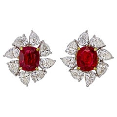 GRS Certified 2.12 Carat Pigeon Blood Ruby and Diamond Earrings