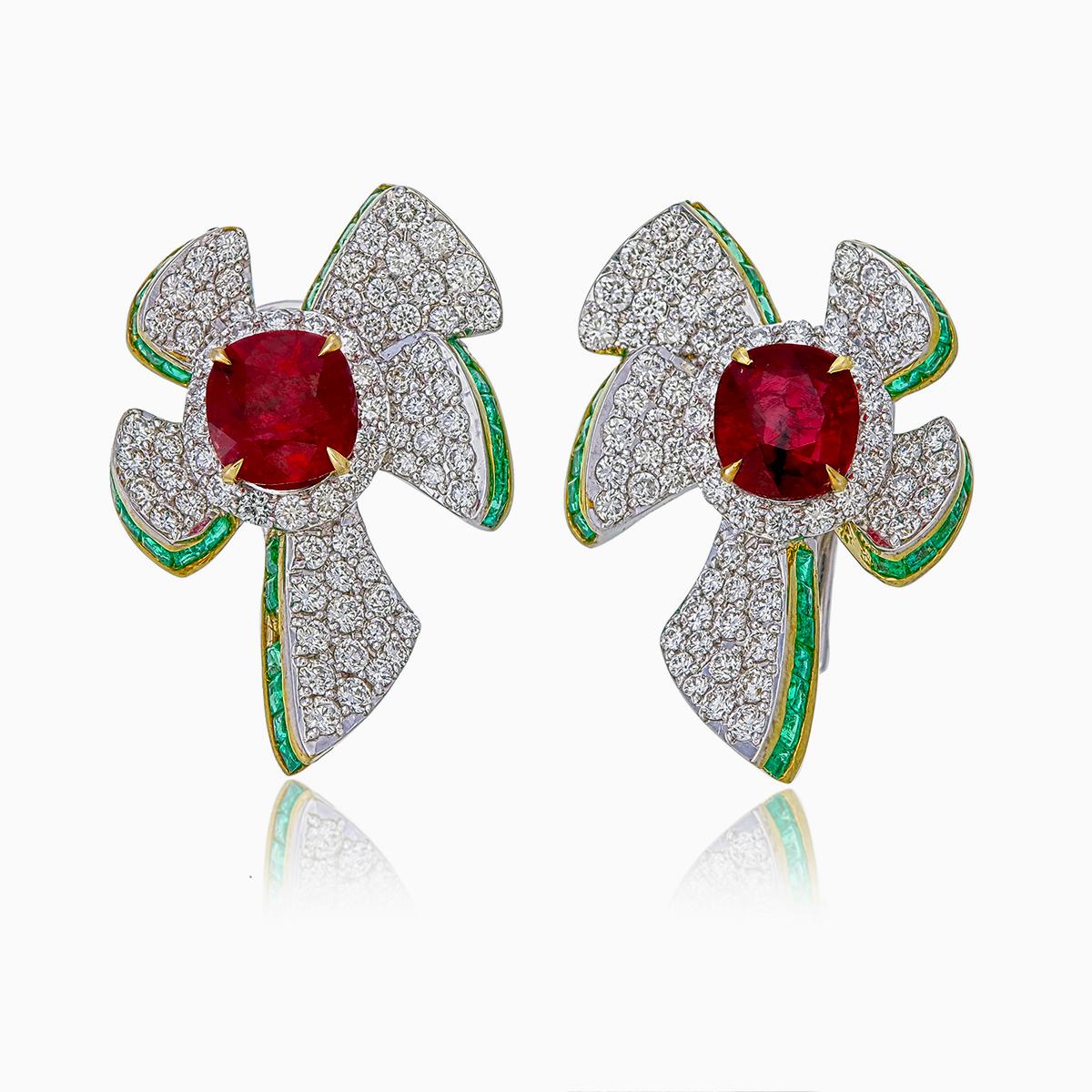 Round Cut GRS Certified 2.13 Carats Pigeon Blood Ruby Earrings in 18 Karat White Gold For Sale