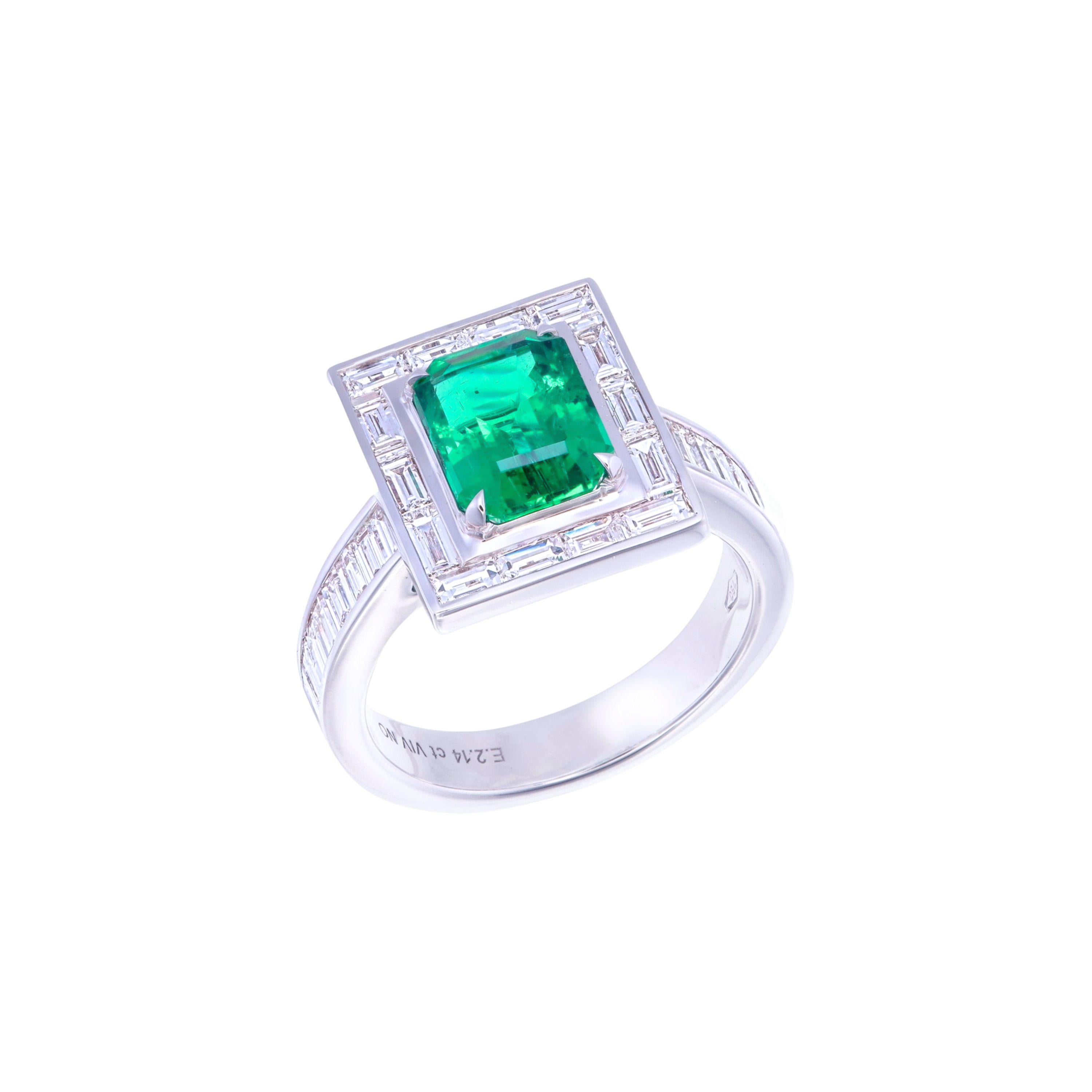 Discover unparalleled elegance with this breathtaking ring, featuring a 2.14-carat vivid green Zambian emerald, renowned for its exceptional beauty and natural allure. This octagon-cut emerald, untreated and certified by GRS (GemResearch Swisslab),