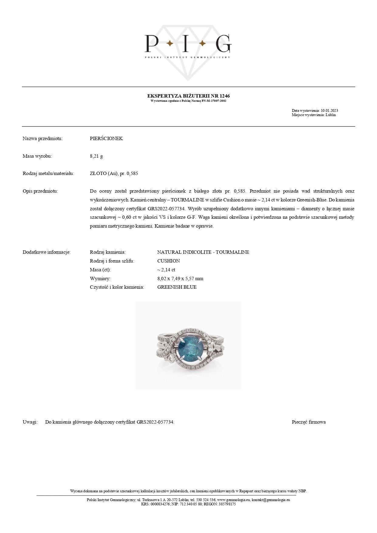 Bague en or 14K certifiée GRS avec tourmaline Indicolite de 2,14 ct et diamant de 0,60 ct Neuf - En vente à Warszawa, PL