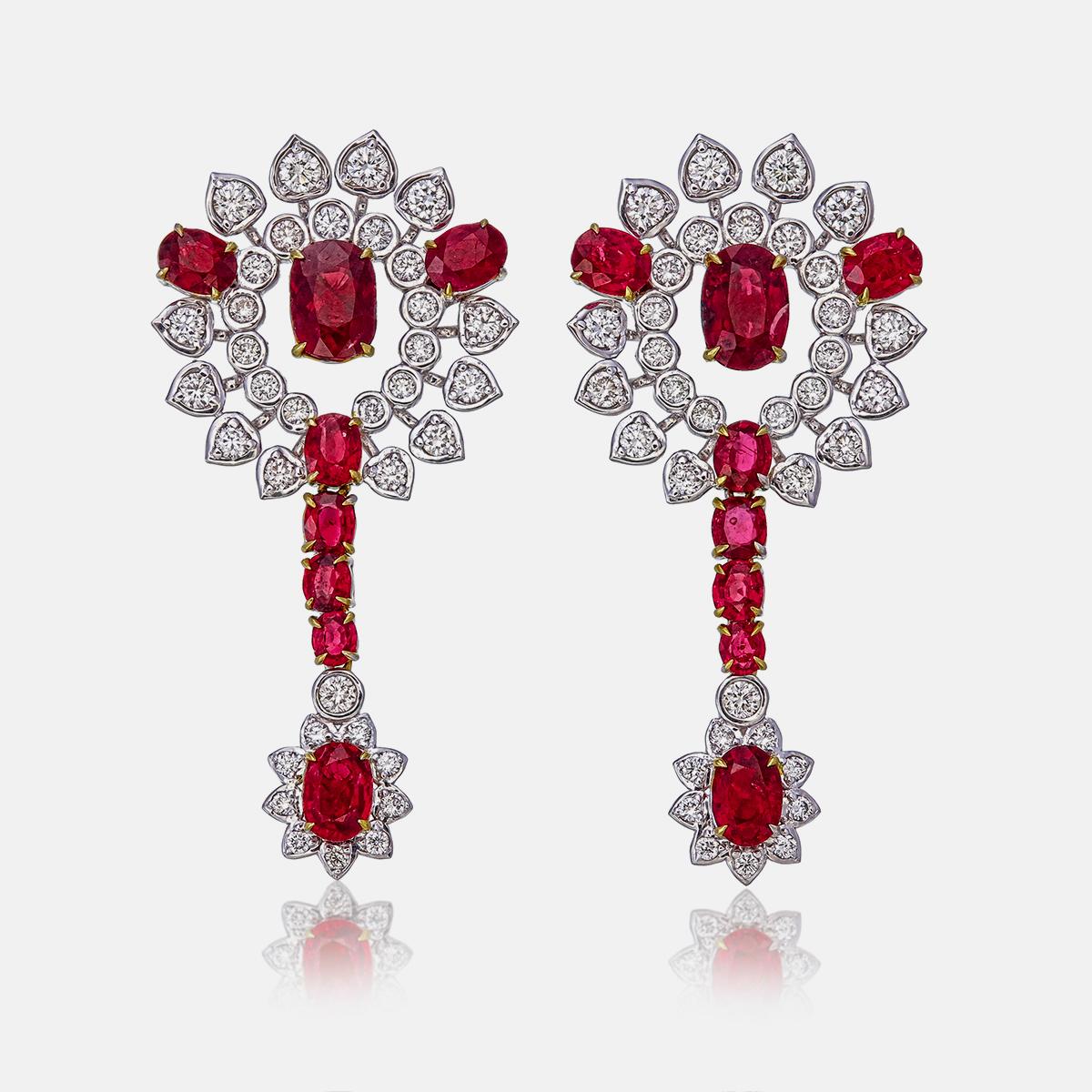 Round Cut GRS Certified 2.15 Carats Pigeon Blood Ruby Earrings in 18 Karat White Gold For Sale