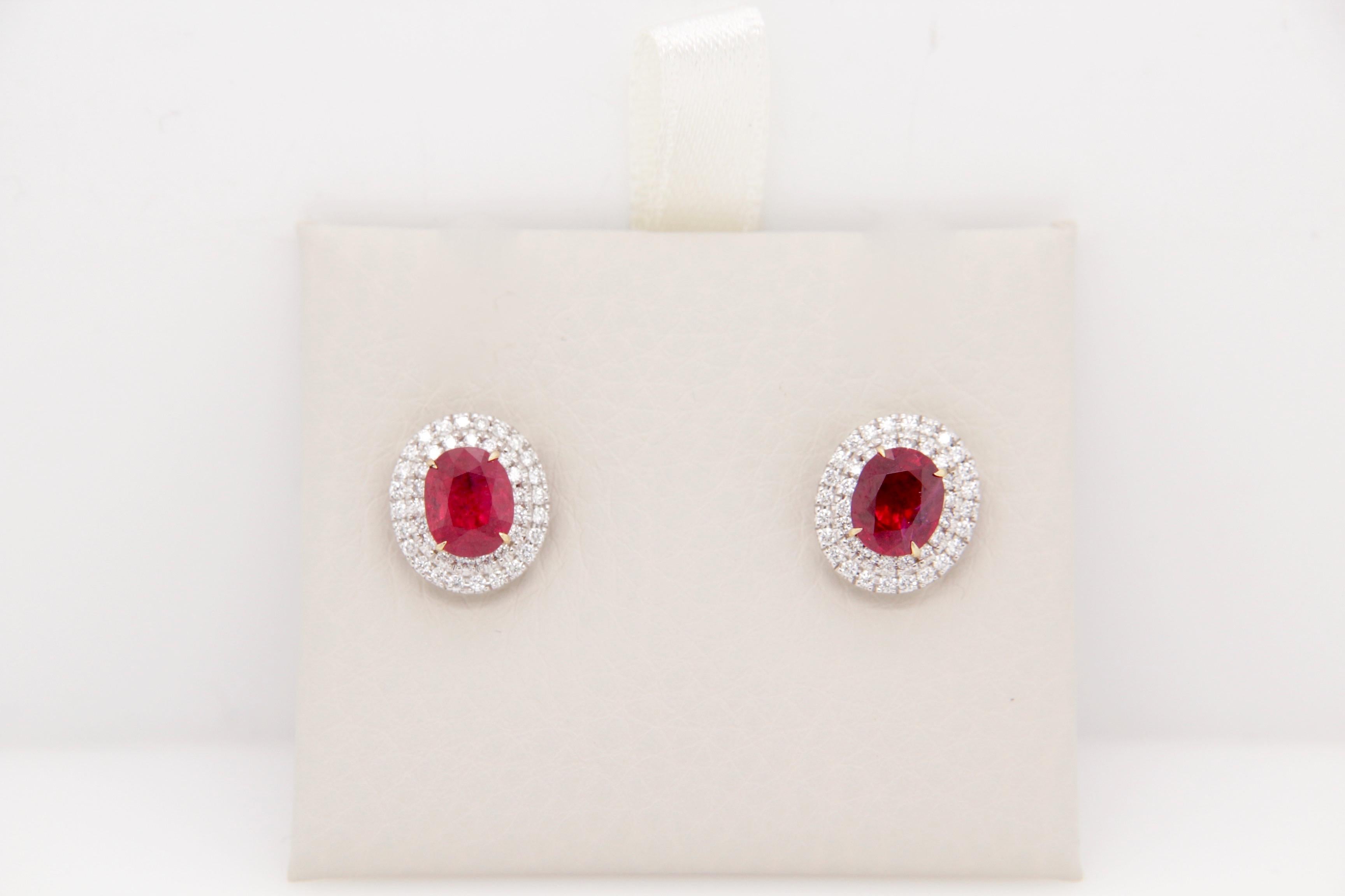 GRS Certified 2.16 Carat Burmese No Heat Pigeon Blood Ruby and Diamond Earrings In New Condition In Bangkok, TH