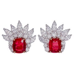 GRS Certified 2.17 Carat Pigeon Blood Burma Ruby And Diamond Earrings In 18k WG