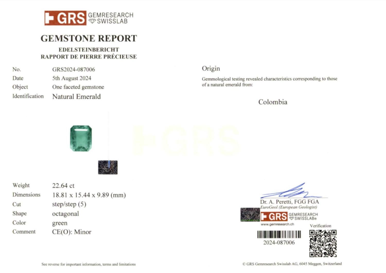 Emerald Cut GRS Certified 22 Carat Emerald Minor Oil Colombian Green Emerald Ring For Sale