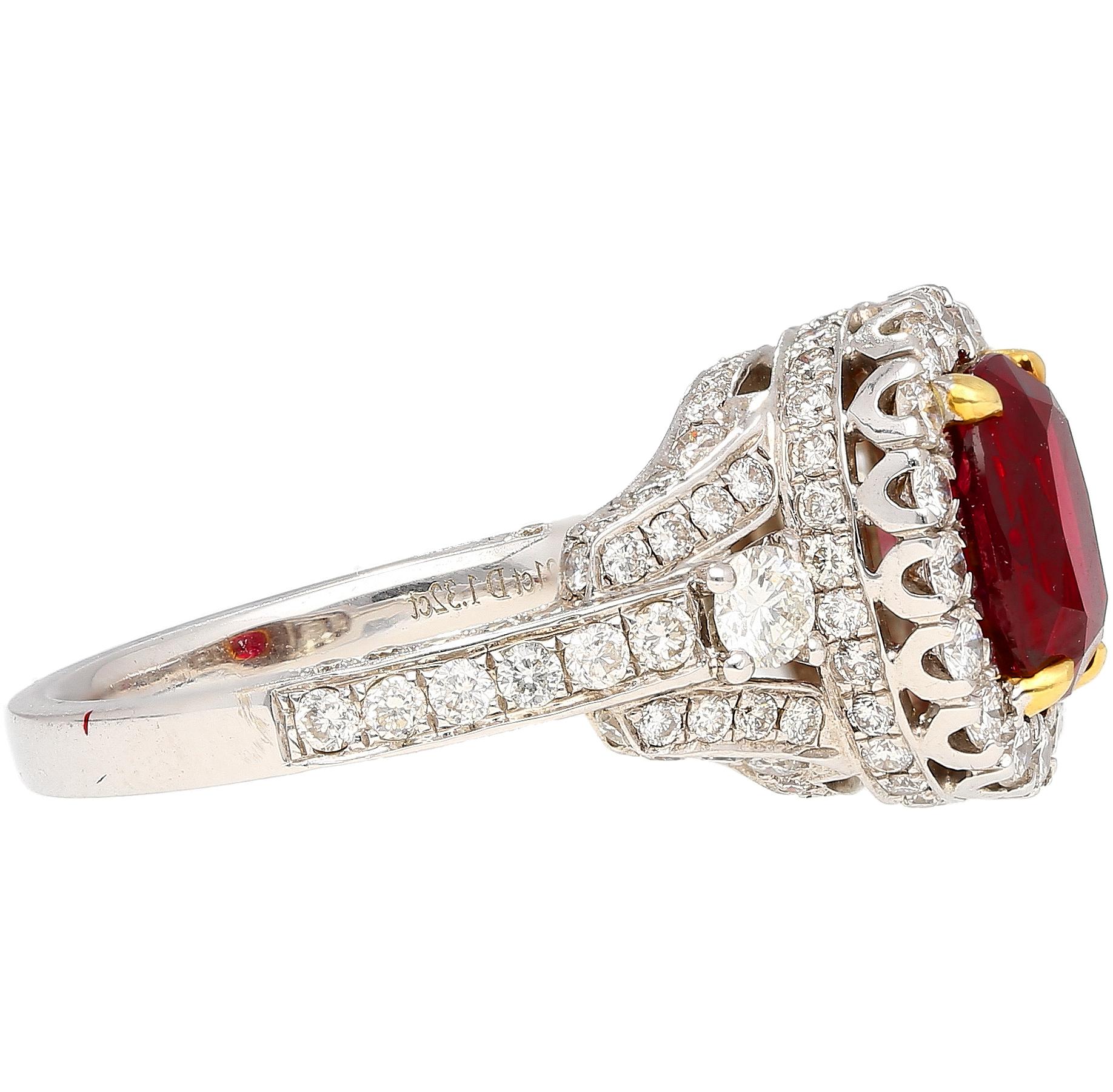 Art Deco GRS Certified 2.2 Carat Vivid Red Oval Cut Ruby & Diamond Retro Regal Style Ring For Sale