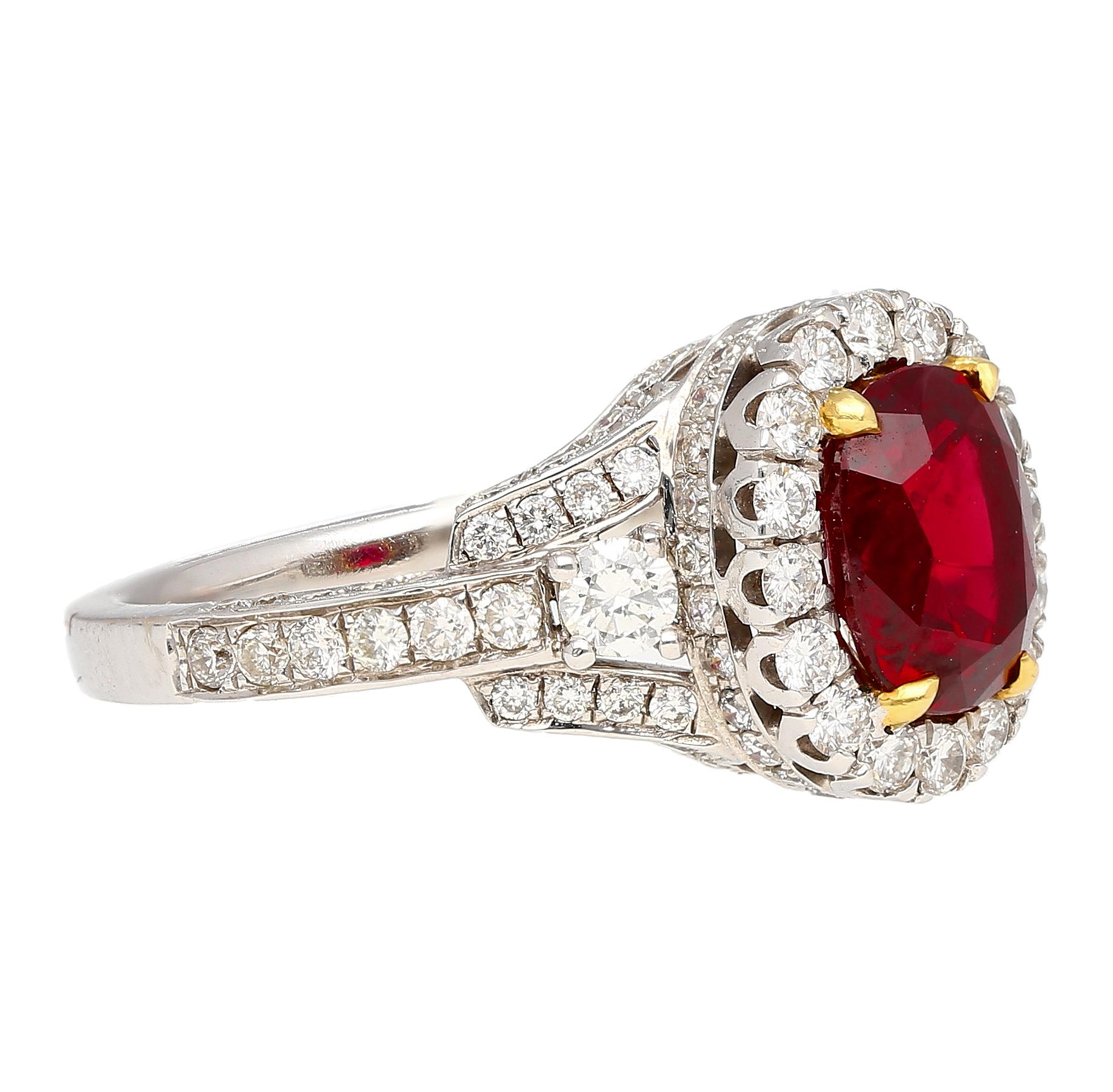 GRS Certified 2.2 Carat Vivid Red Oval Cut Ruby & Diamond Retro Regal Style Ring In New Condition For Sale In Miami, FL