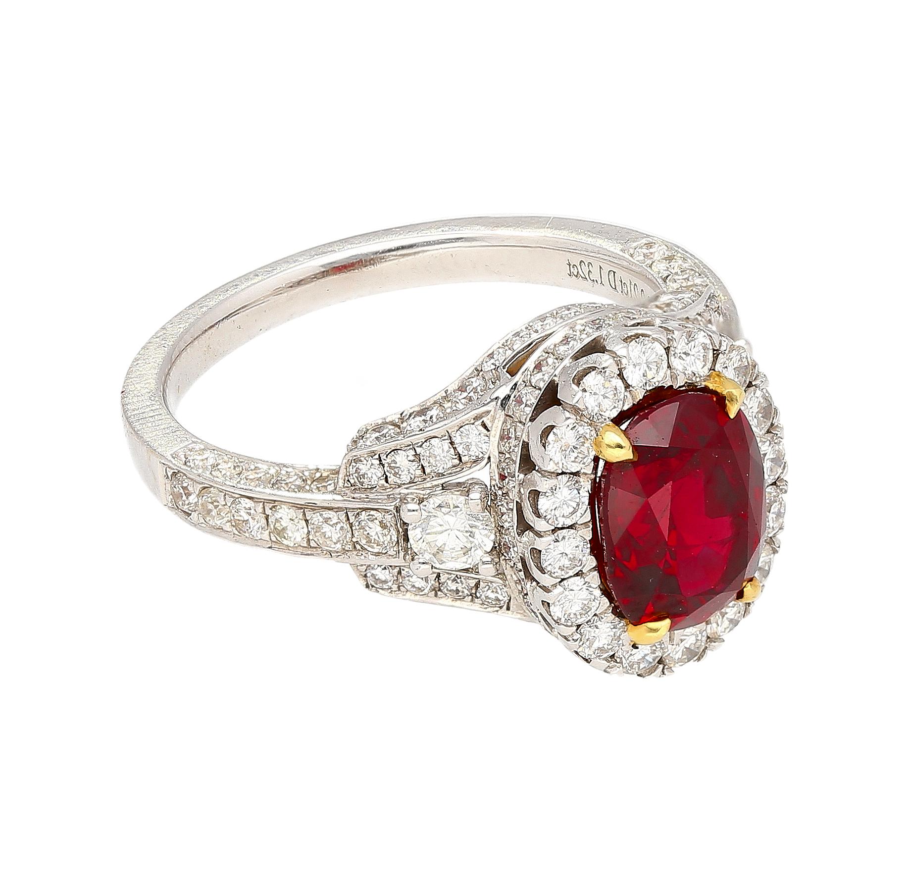 Women's GRS Certified 2.2 Carat Vivid Red Oval Cut Ruby & Diamond Retro Regal Style Ring For Sale