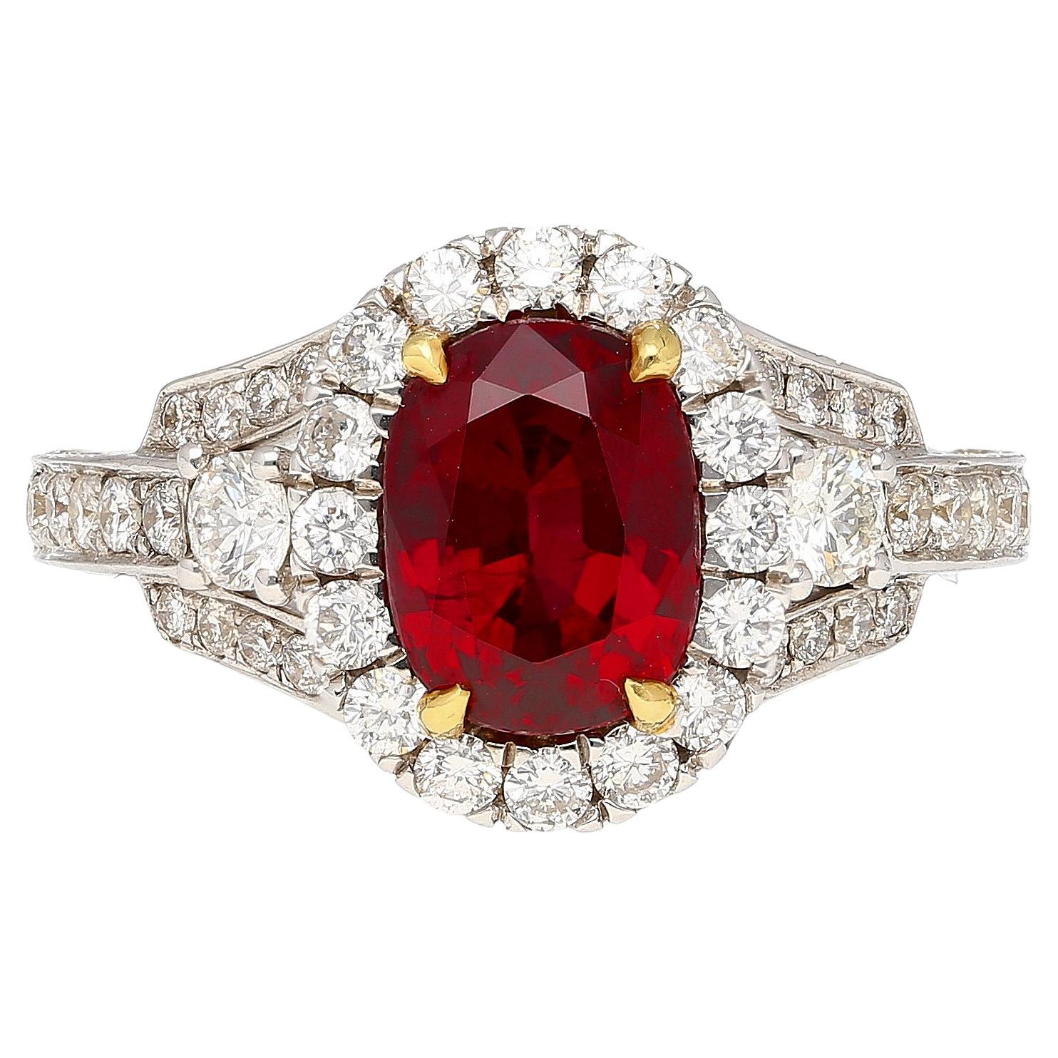 GRS Certified 2.2 Carat Vivid Red Oval Cut Ruby & Diamond Retro Regal Style Ring For Sale