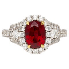 GRS Certified 2.2 Carat Vivid Red Oval Cut Ruby & Diamond Retro Regal Style Ring