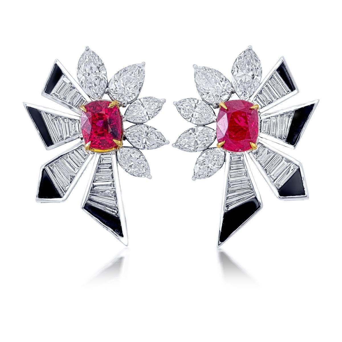 Modern GRS Certified 2.20 Carat Burmese Pigeon Blood No Heat Ruby and Diamond Earrings For Sale