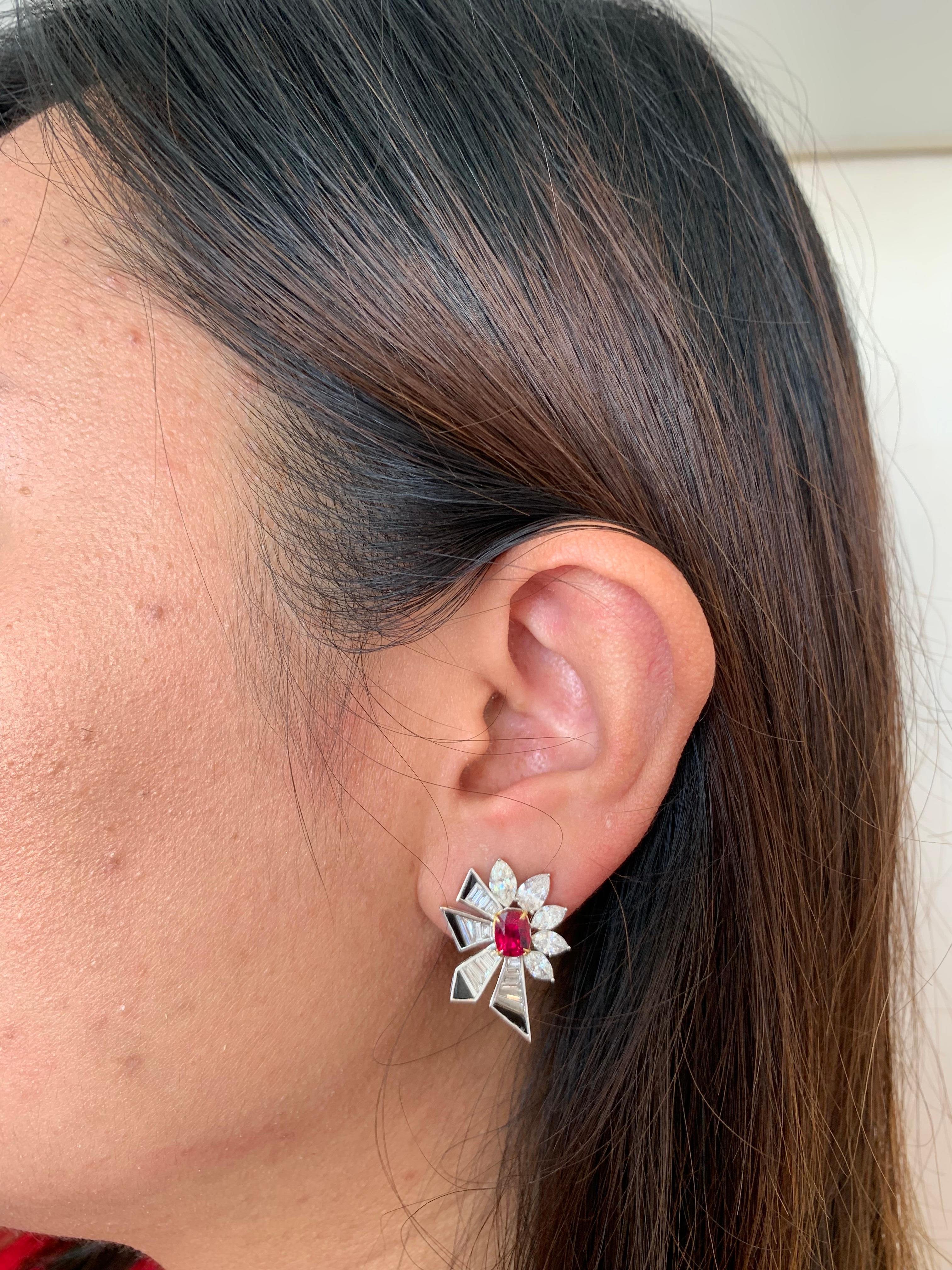 GRS Certified 2.20 Carat Burmese Pigeon Blood No Heat Ruby and Diamond Earrings For Sale 1