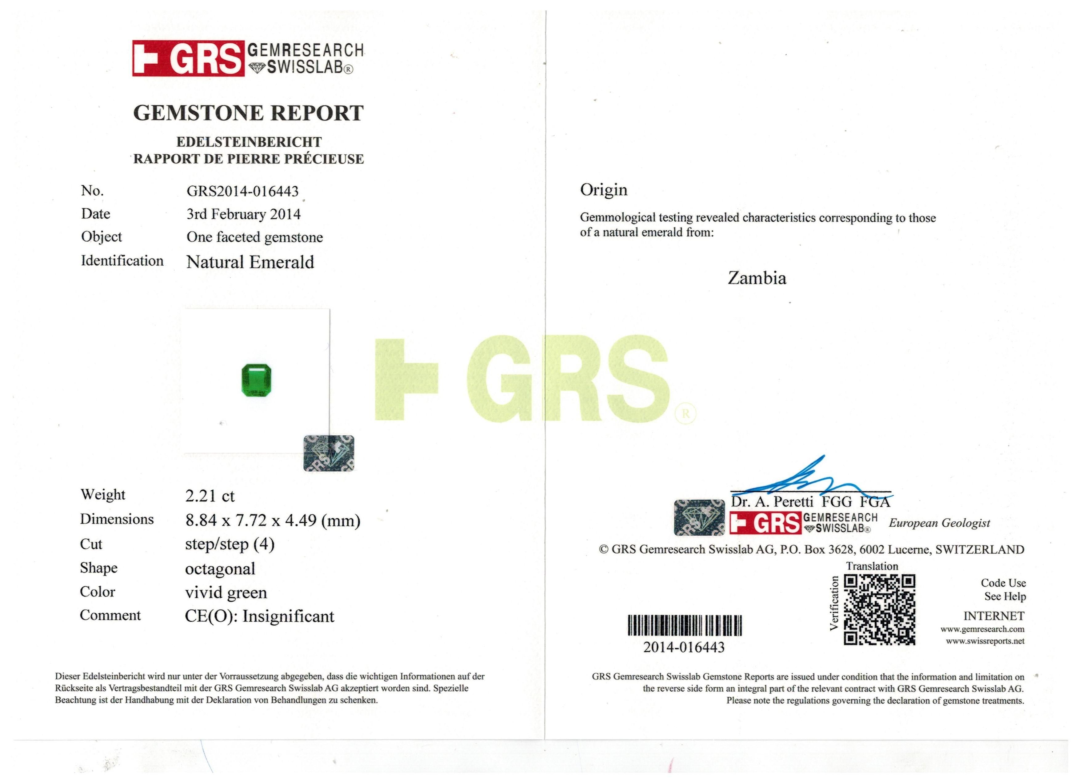 GRS Certified 2.21 Carat Insig. Oil Vivid G. Emerald & Diamond Three Stone Ring In New Condition For Sale In Bangkok, Bangkok