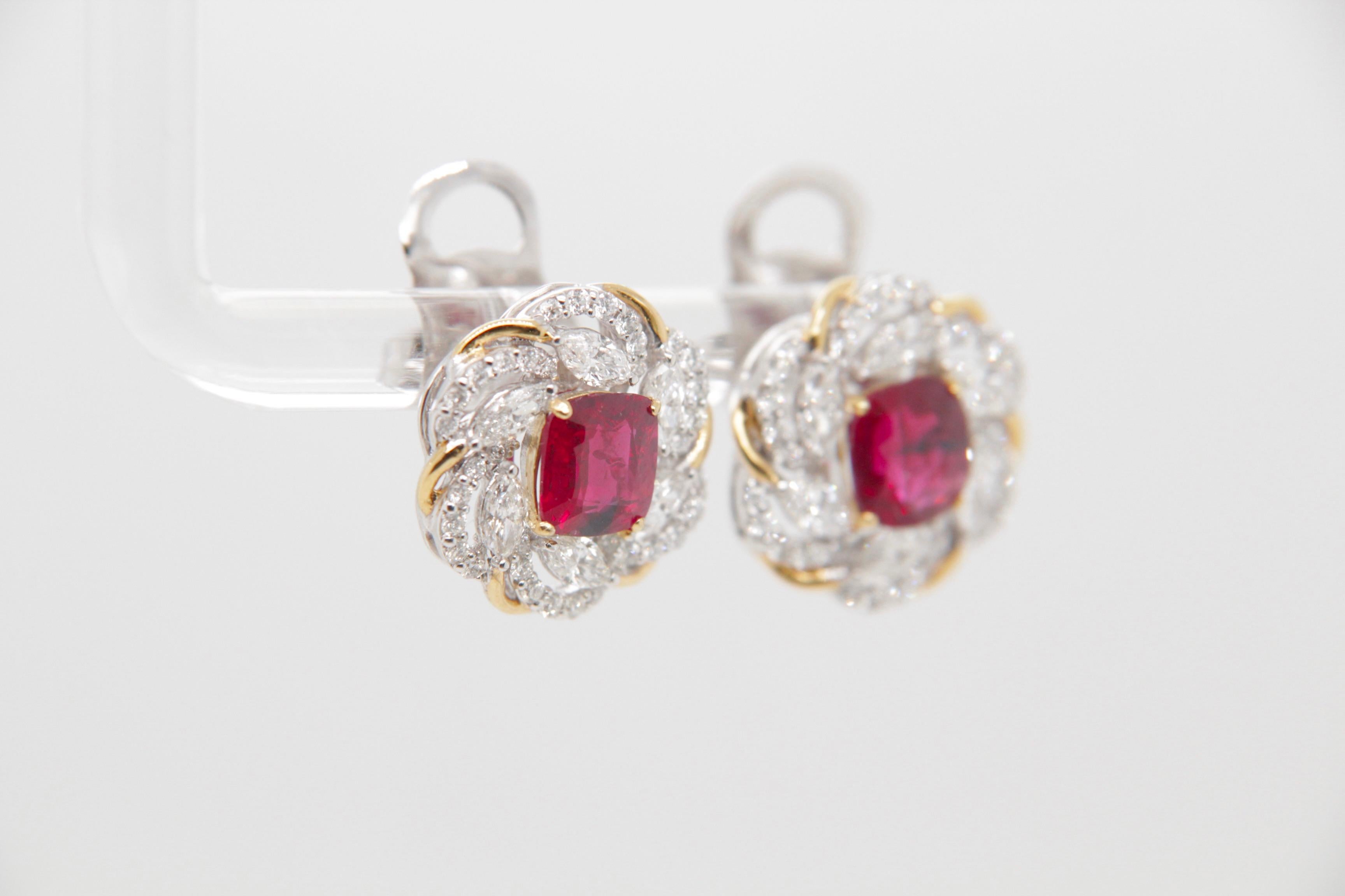 Cushion Cut GRS Certified 2.23 Carat Pigeon Blood Burmese No Heat Ruby and Diamond Earring For Sale