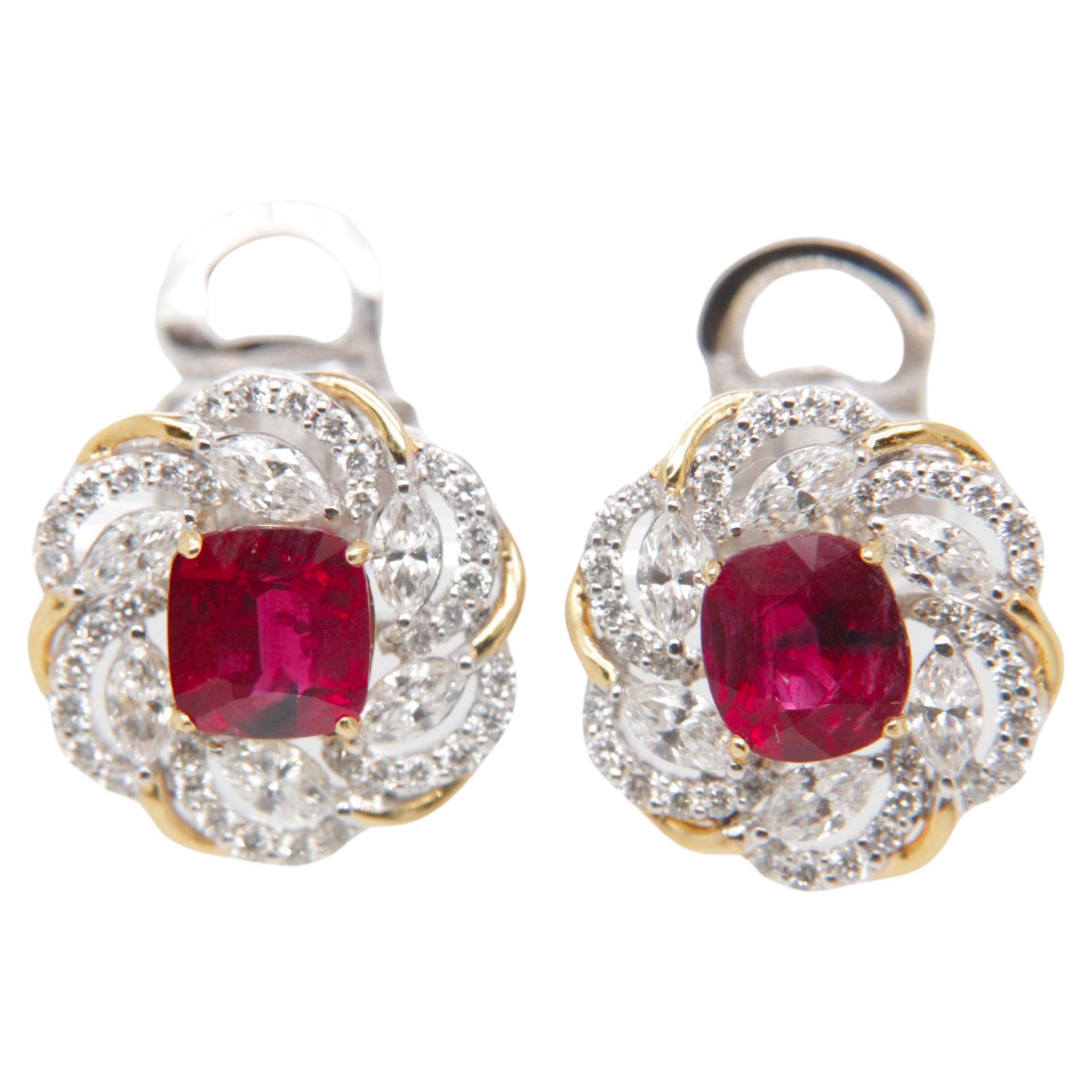 GRS Certified 2.23 Carat Pigeon Blood Burmese No Heat Ruby and Diamond Earring  For Sale