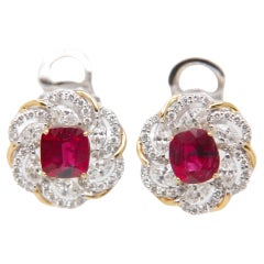 GRS Certified 2.23 Carat Pigeon Blood Burmese No Heat Ruby and Diamond Earring 